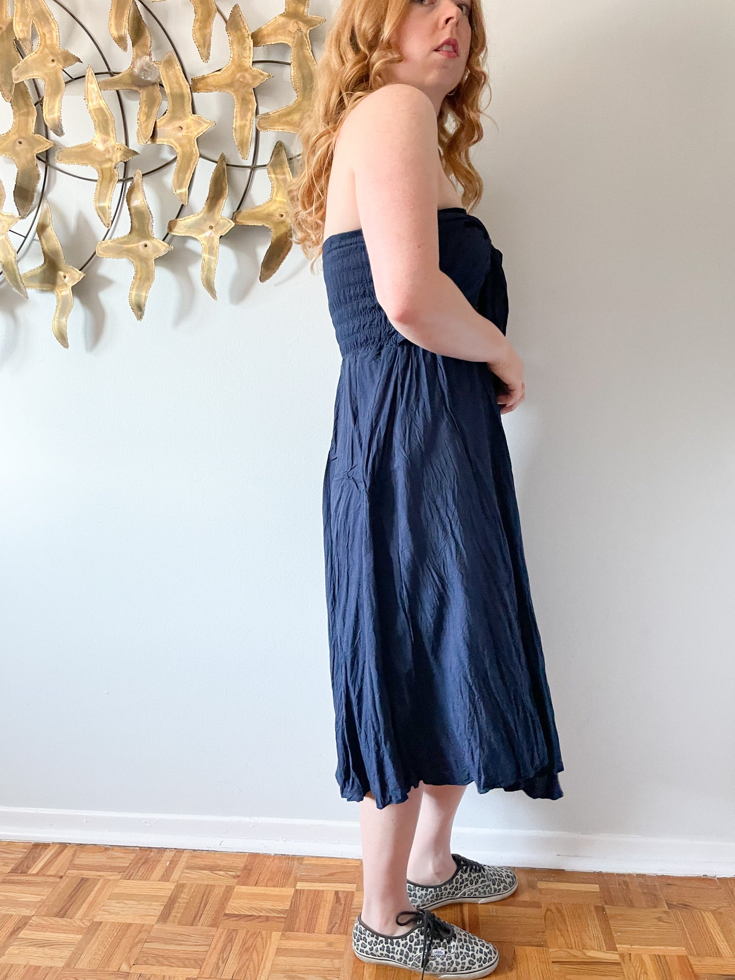 Navy Blue Strapless Tie Front Midi Dress - Small