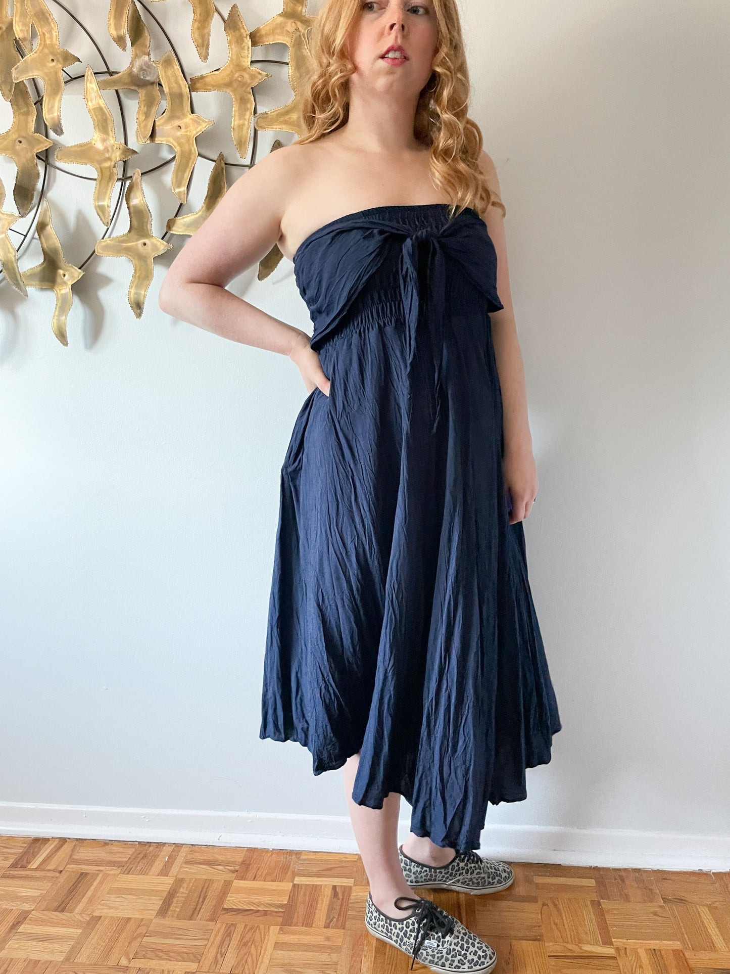 Navy Blue Strapless Tie Front Midi Dress - Small