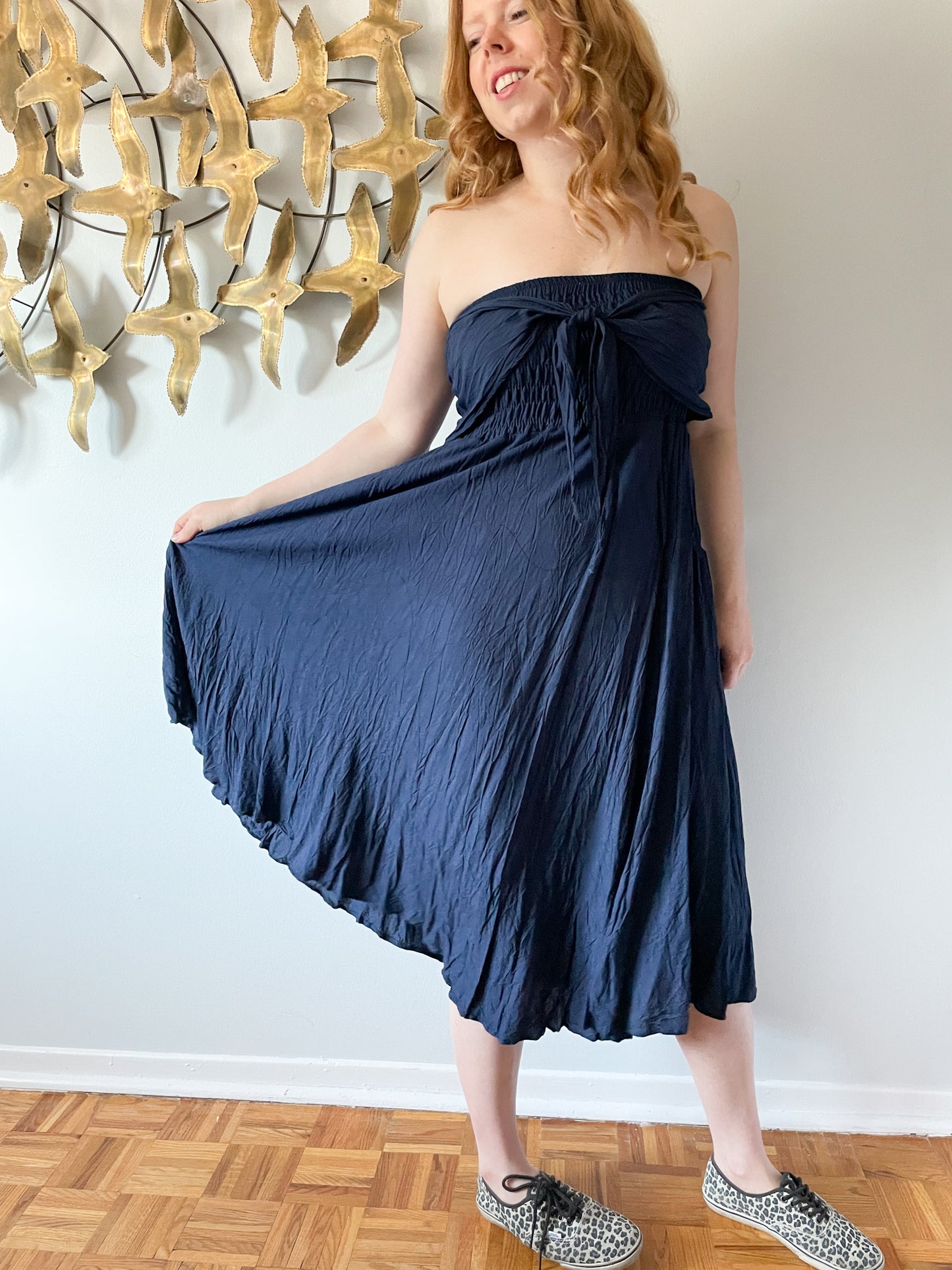 Navy Blue Strapless Tie Front Midi Dress - Small