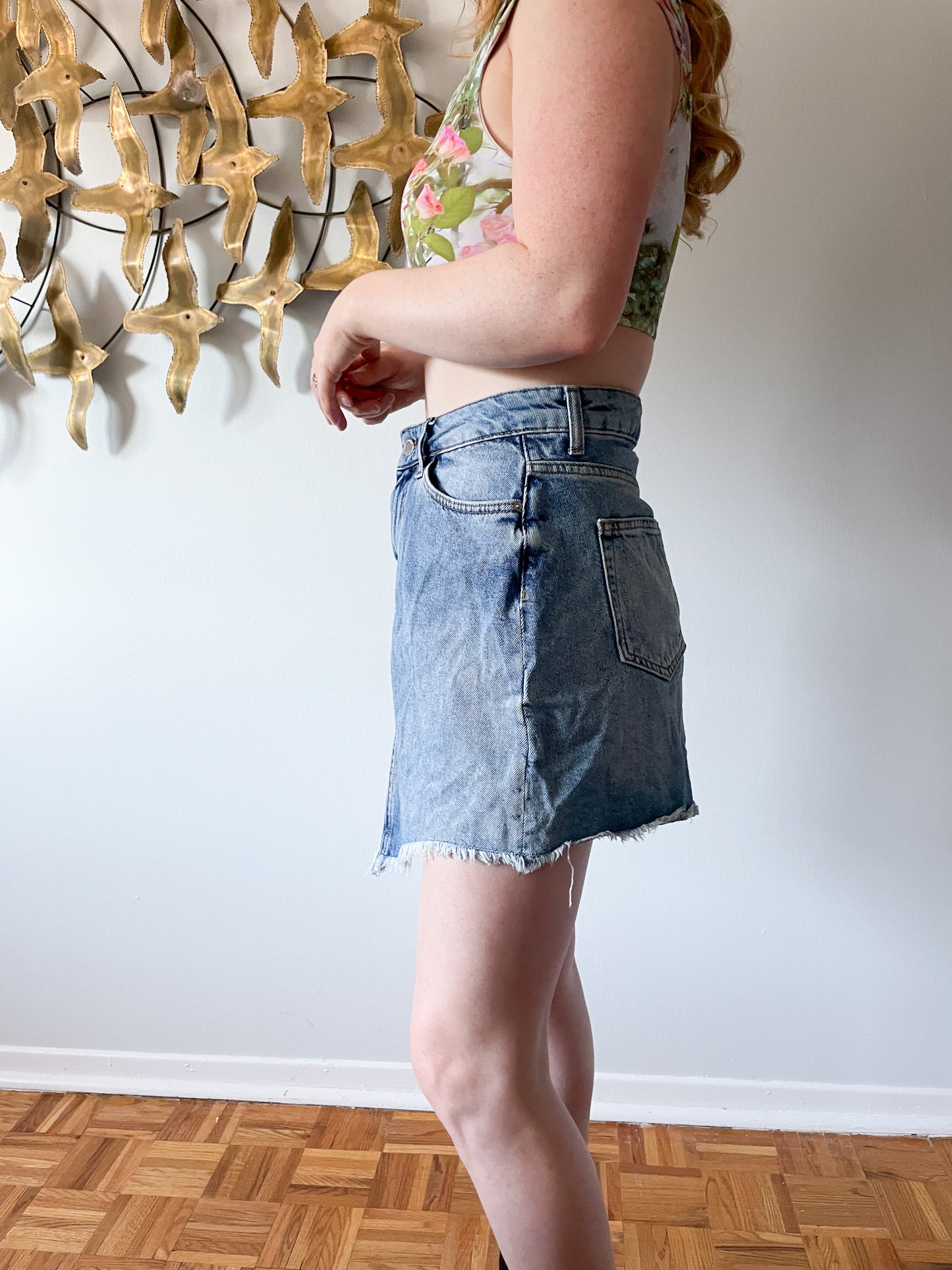Zara Basic Blue Denim Floral Printed And Beaded Cutoff Skirt - Small