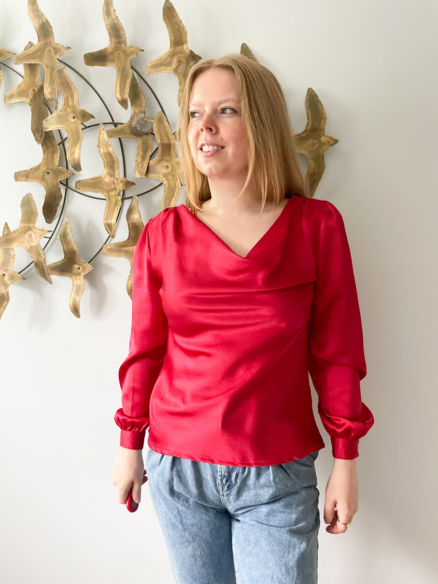 Vintage Dominique Red Satin Back Cutout Long Sleeve Top - Medium