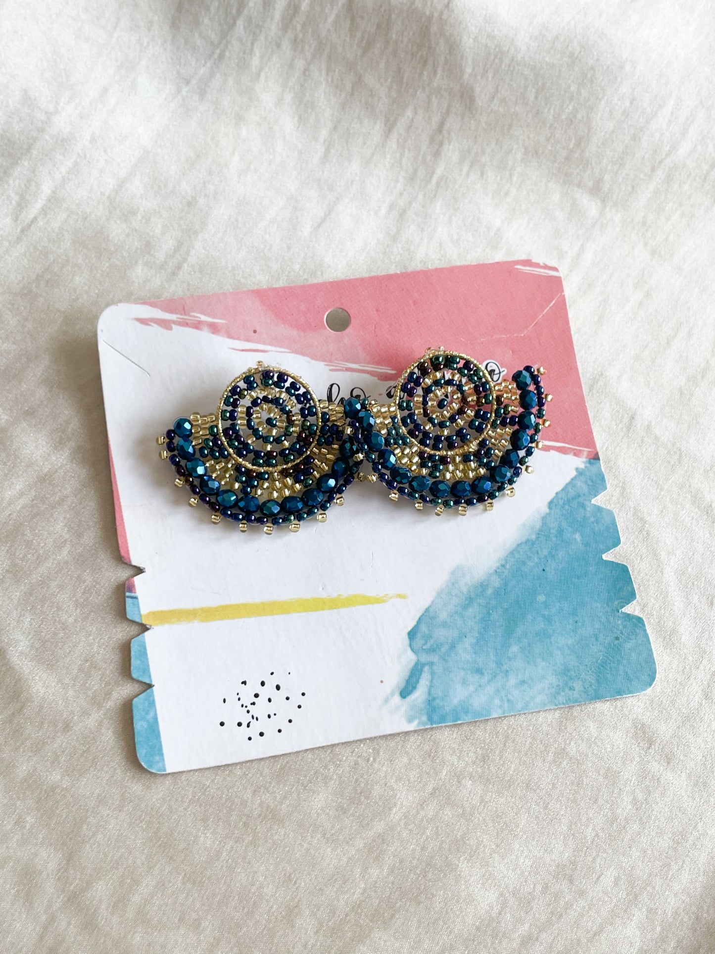 Midnight Blue Gold Handmade Colombian Beaded Half Moon Earrings