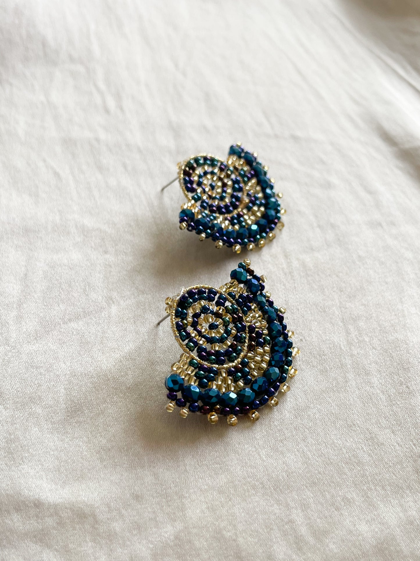 Midnight Blue Gold Handmade Colombian Beaded Half Moon Earrings