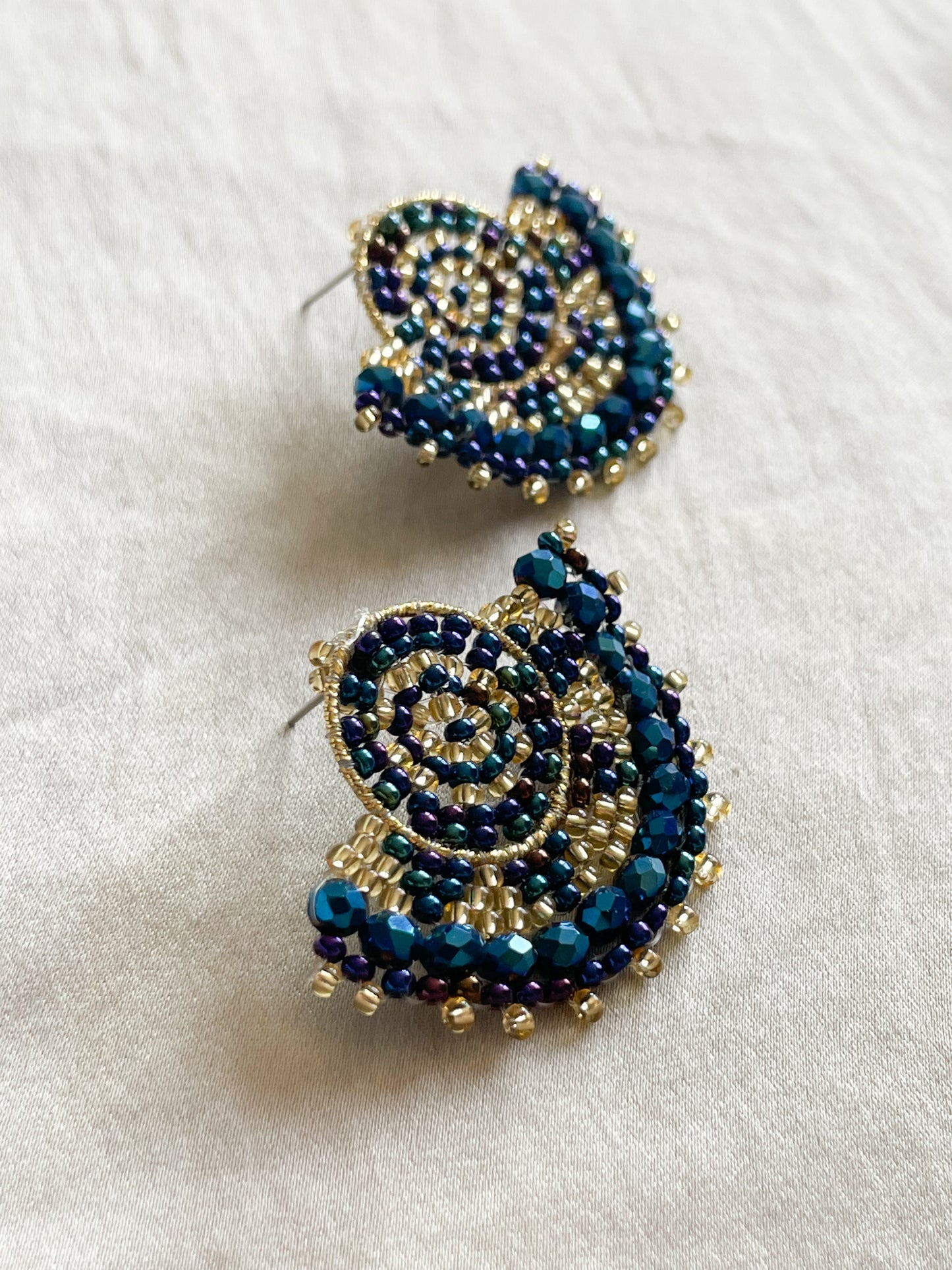 Midnight Blue Gold Handmade Colombian Beaded Half Moon Earrings