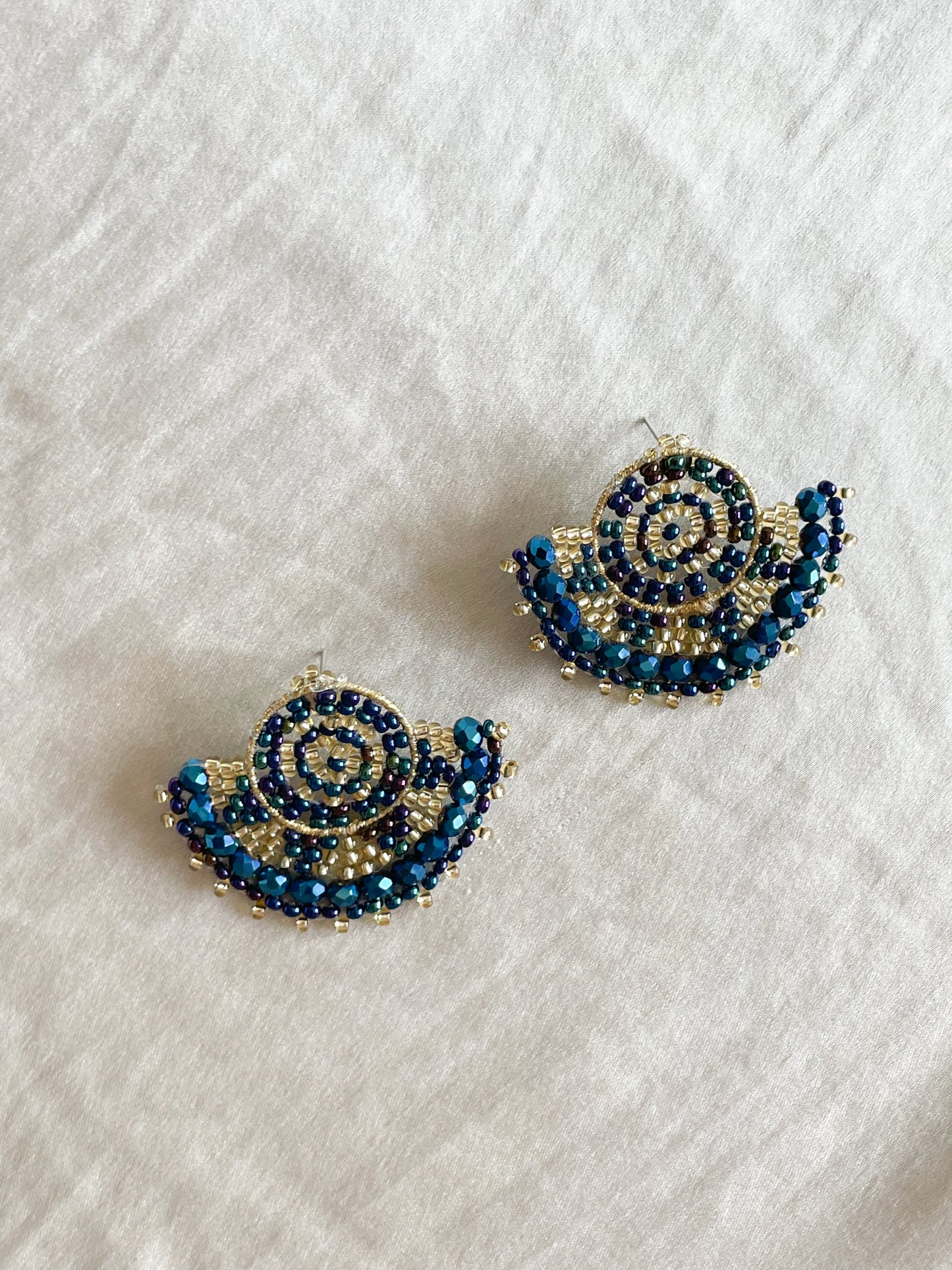 Midnight Blue Gold Handmade Colombian Beaded Half Moon Earrings