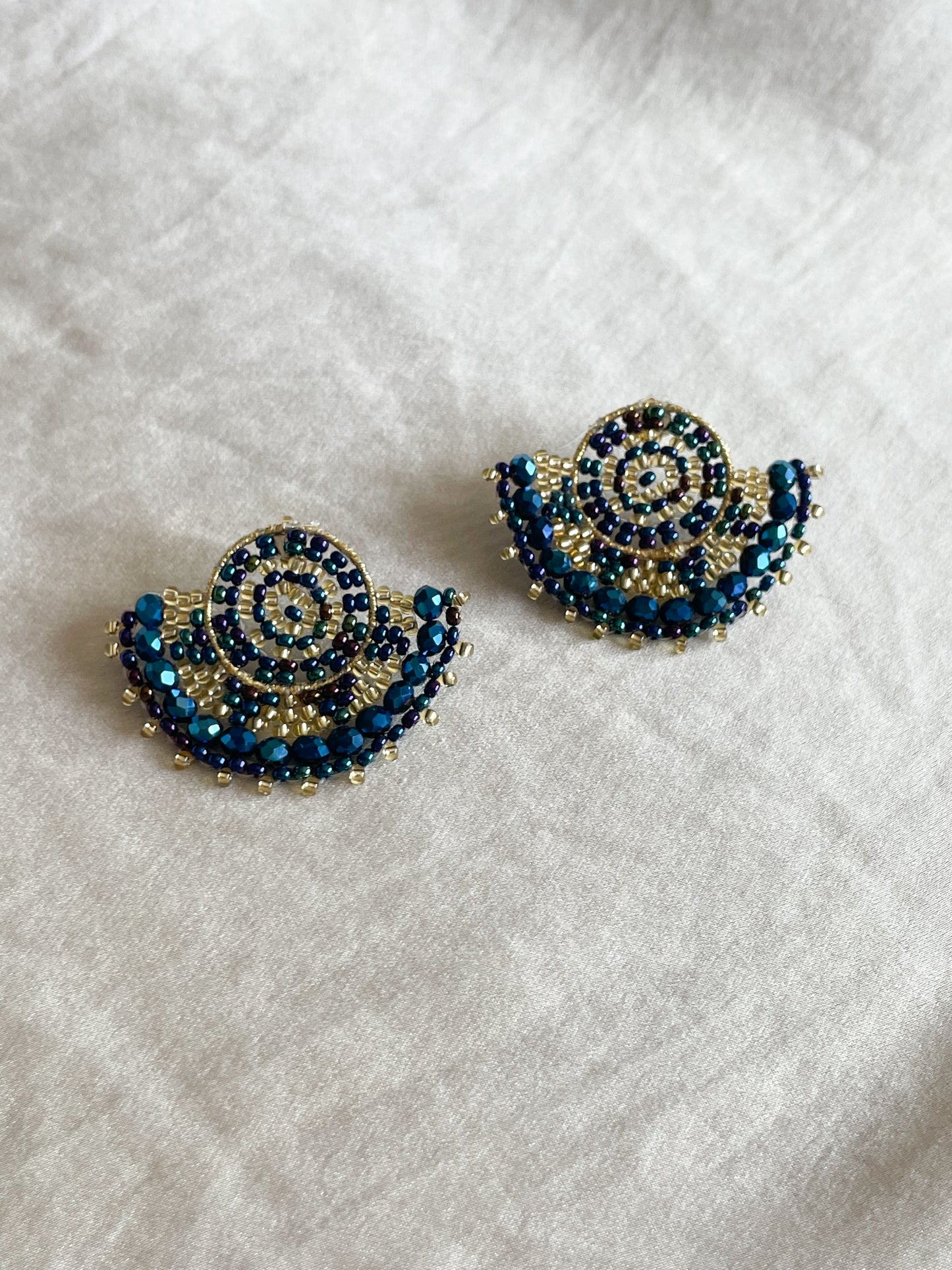 Midnight Blue Gold Handmade Colombian Beaded Half Moon Earrings