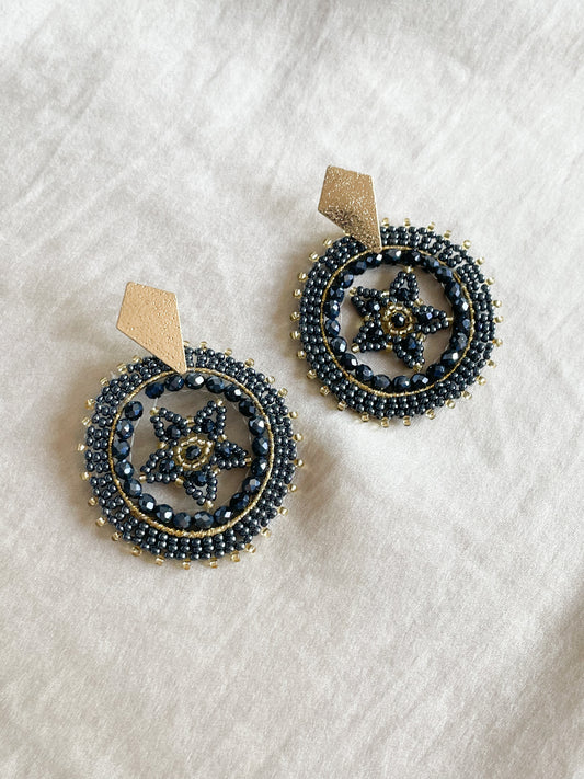 Midnight Blue Gold Handmade Colombian Beaded Circle Earrings