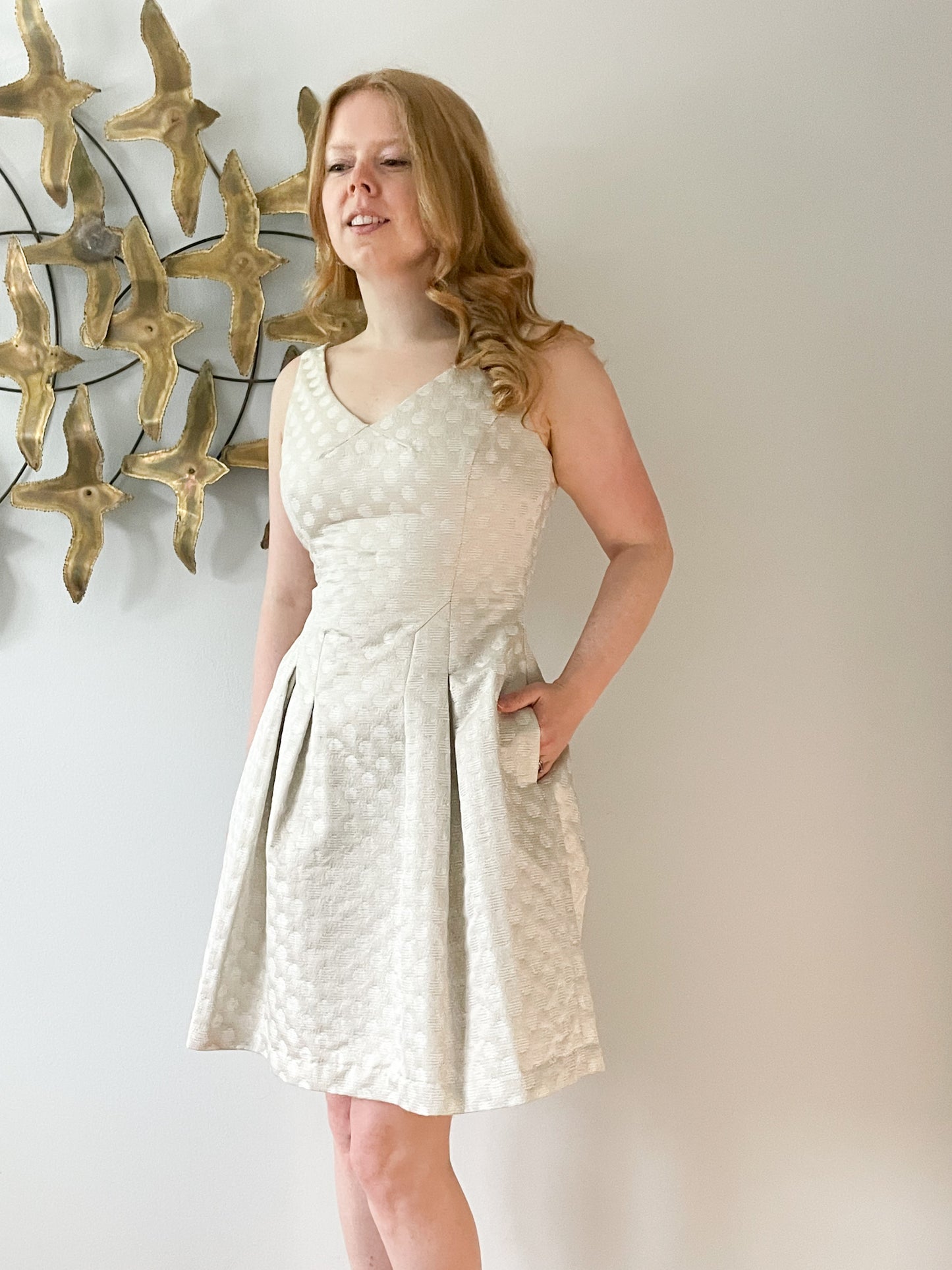 LAUREN Ralph Lauren Cream Metallic Polkadot V-Neck Fit Flare Cocktail Dress - Size 4