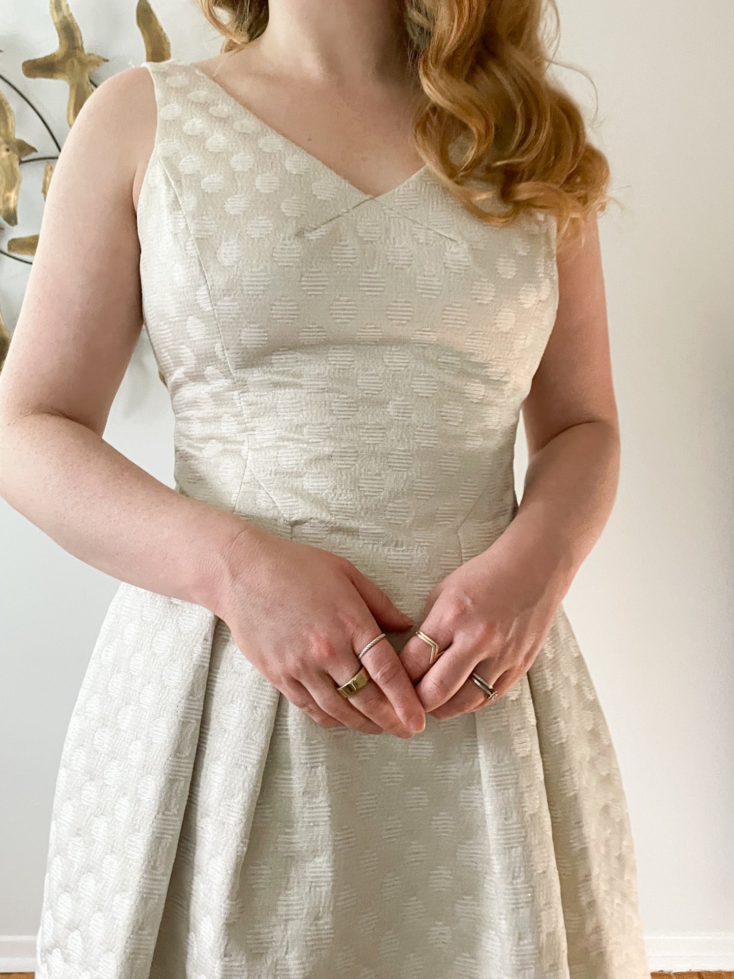 LAUREN Ralph Lauren Cream Metallic Polkadot V-Neck Fit Flare Cocktail Dress - Size 4