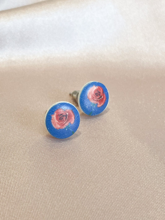 Rose Navy Blue Floral Painted Circle Stud Earrings