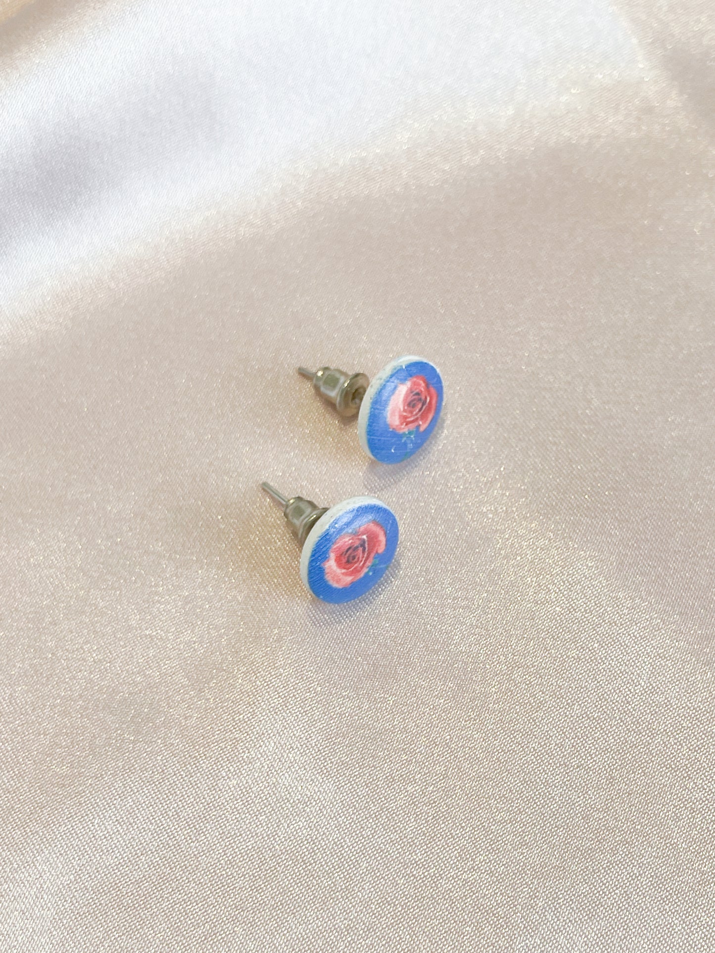 Rose Navy Blue Floral Painted Circle Stud Earrings