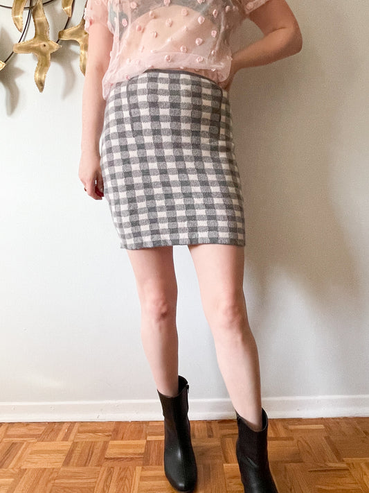 Ca Va De Soi Grey Gingham Checker Superfine Wool Knit Skirt - Small