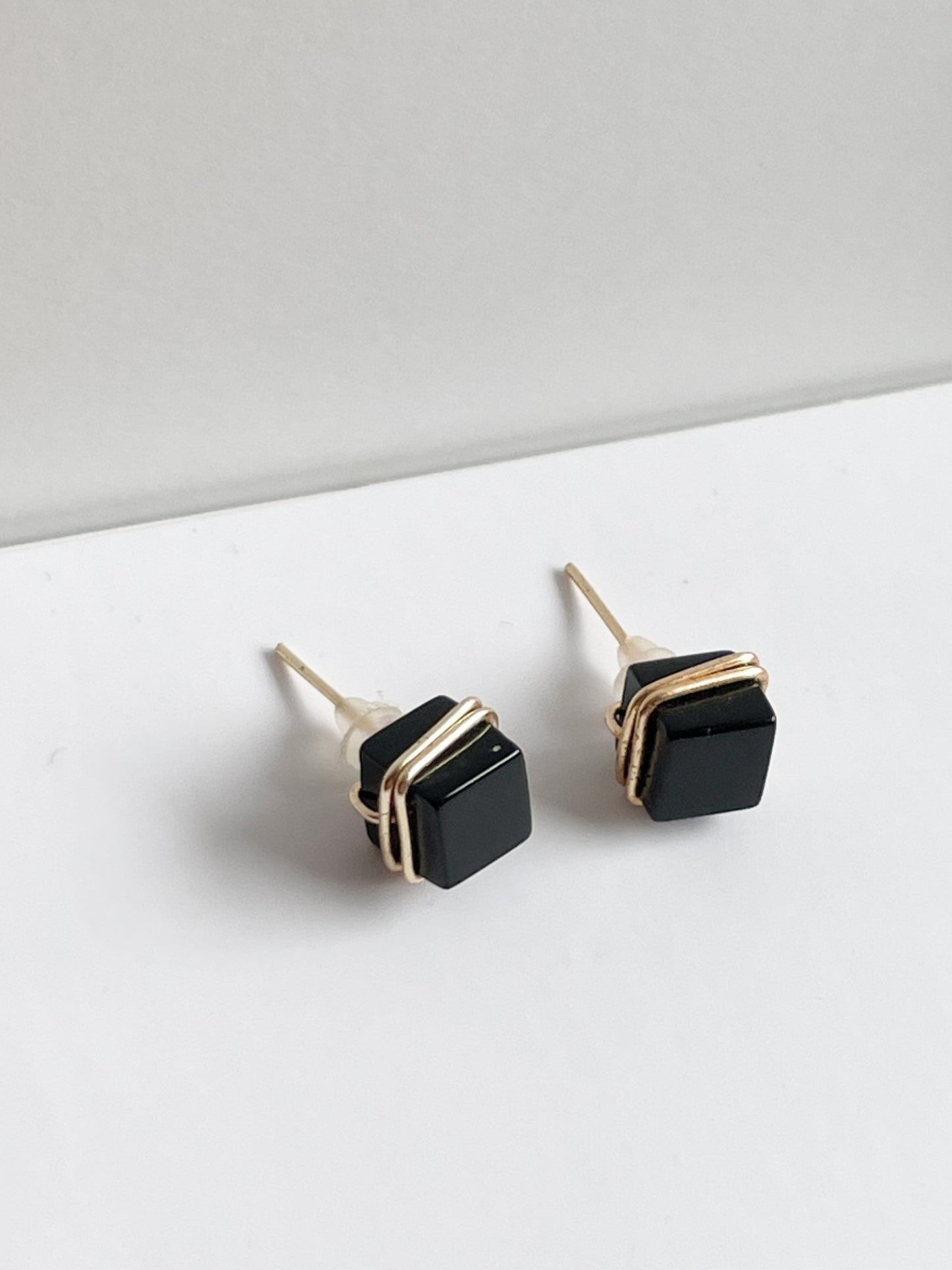 Black Cube Gold Wire Stud Earrings - Handmade from Colombia