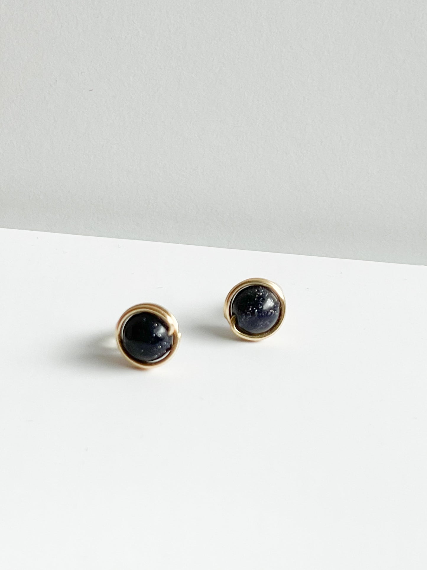 Mini Midnight Blue Sparkle Ball Gold Wire Stud Earrings - Handmade from Colombia