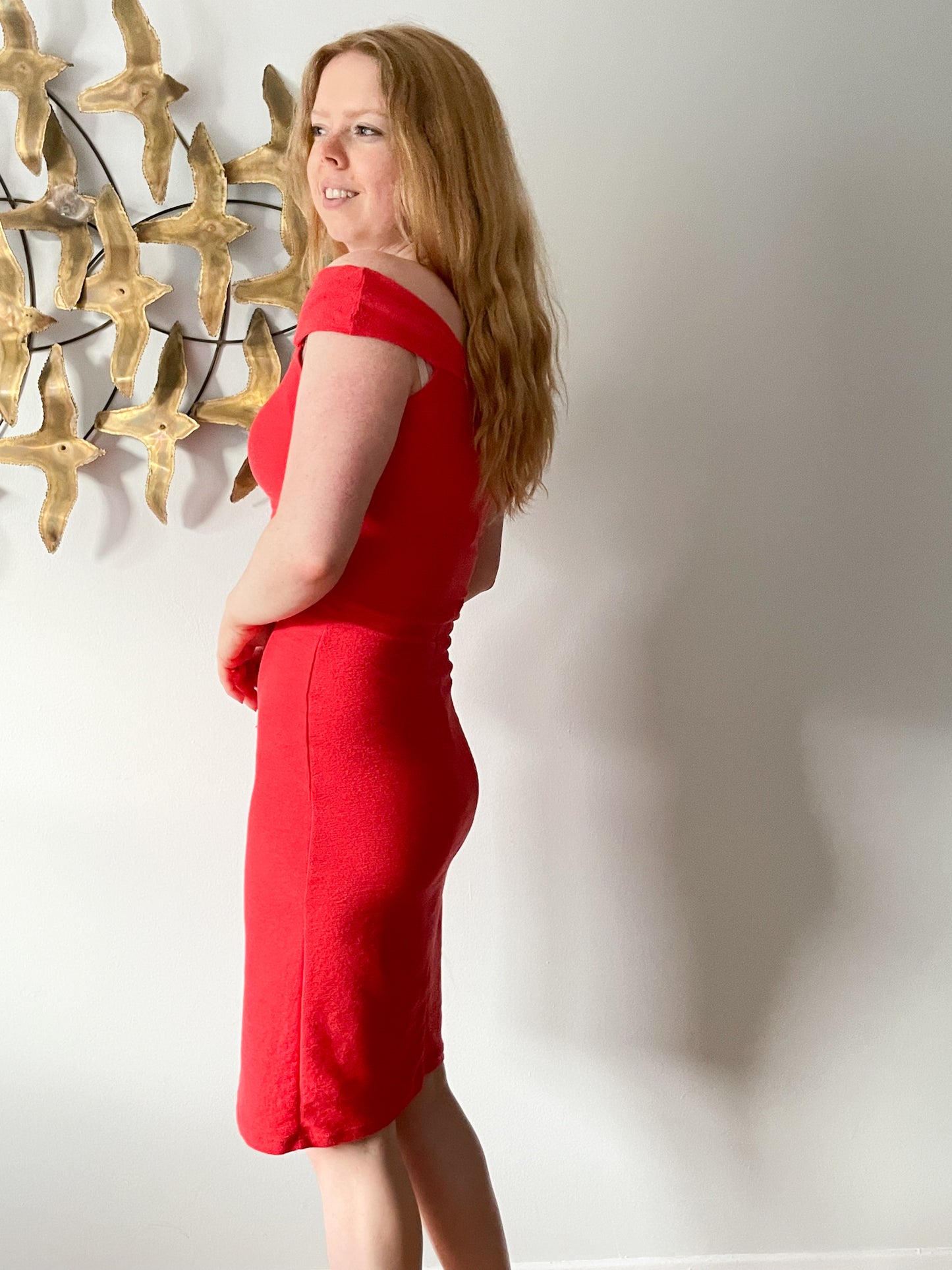 Zara Red Knit Off Shoulder Sheath Dress - Small