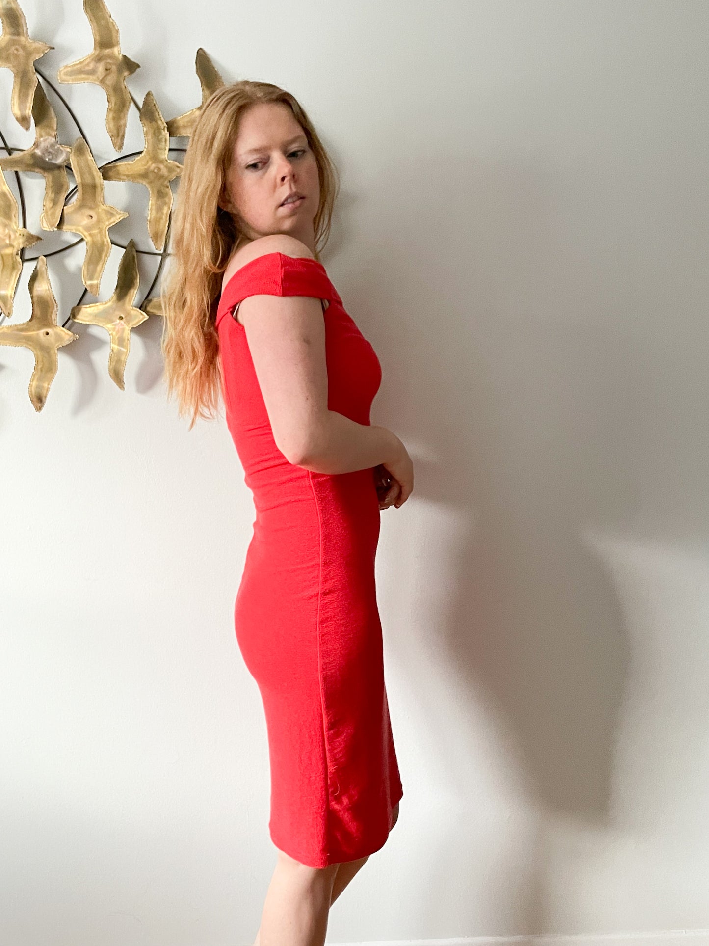 Zara Red Knit Off Shoulder Sheath Dress - Small