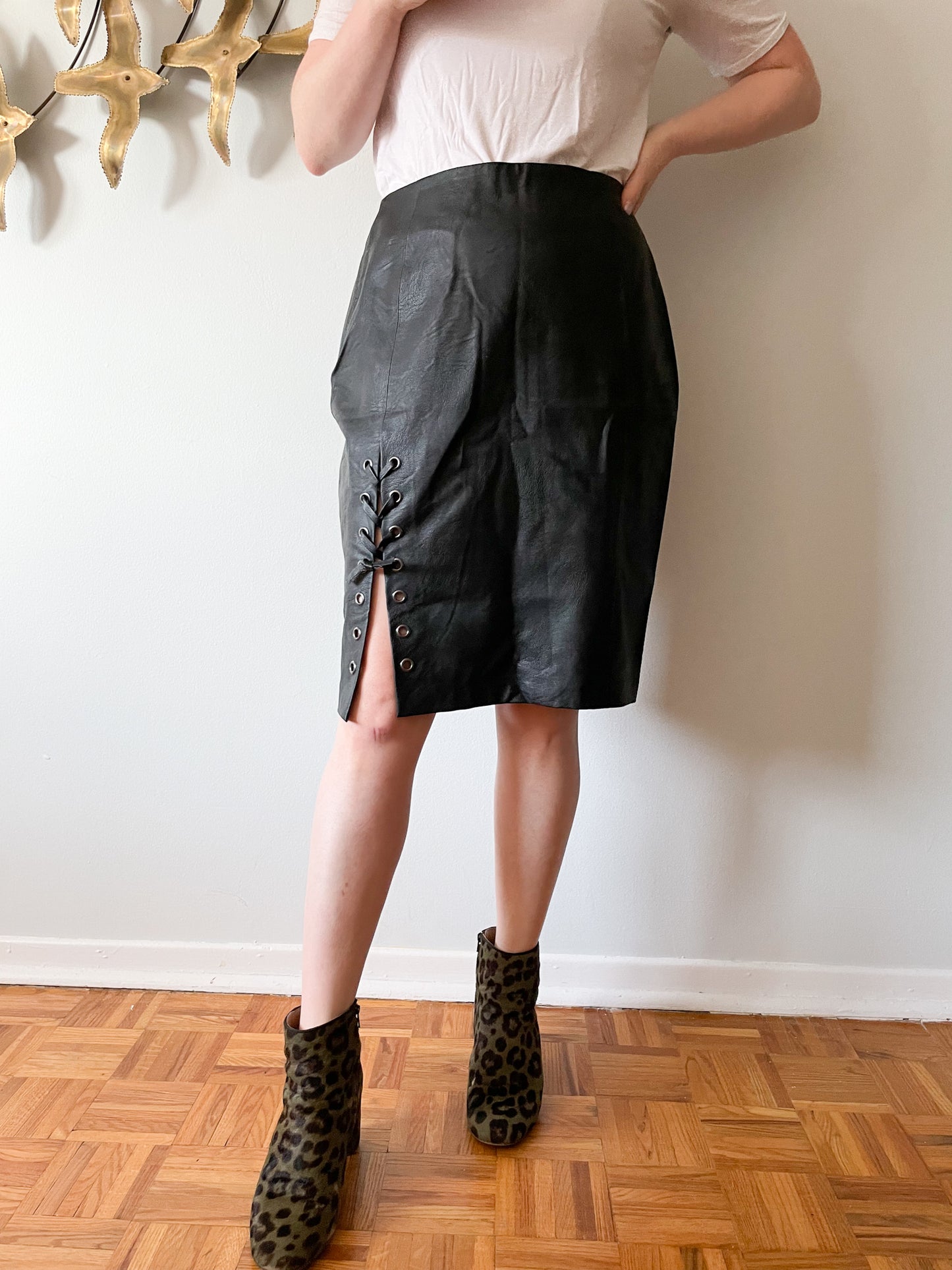MinkPink Black Knight Lace Up Faux Leather Skirt - M/L