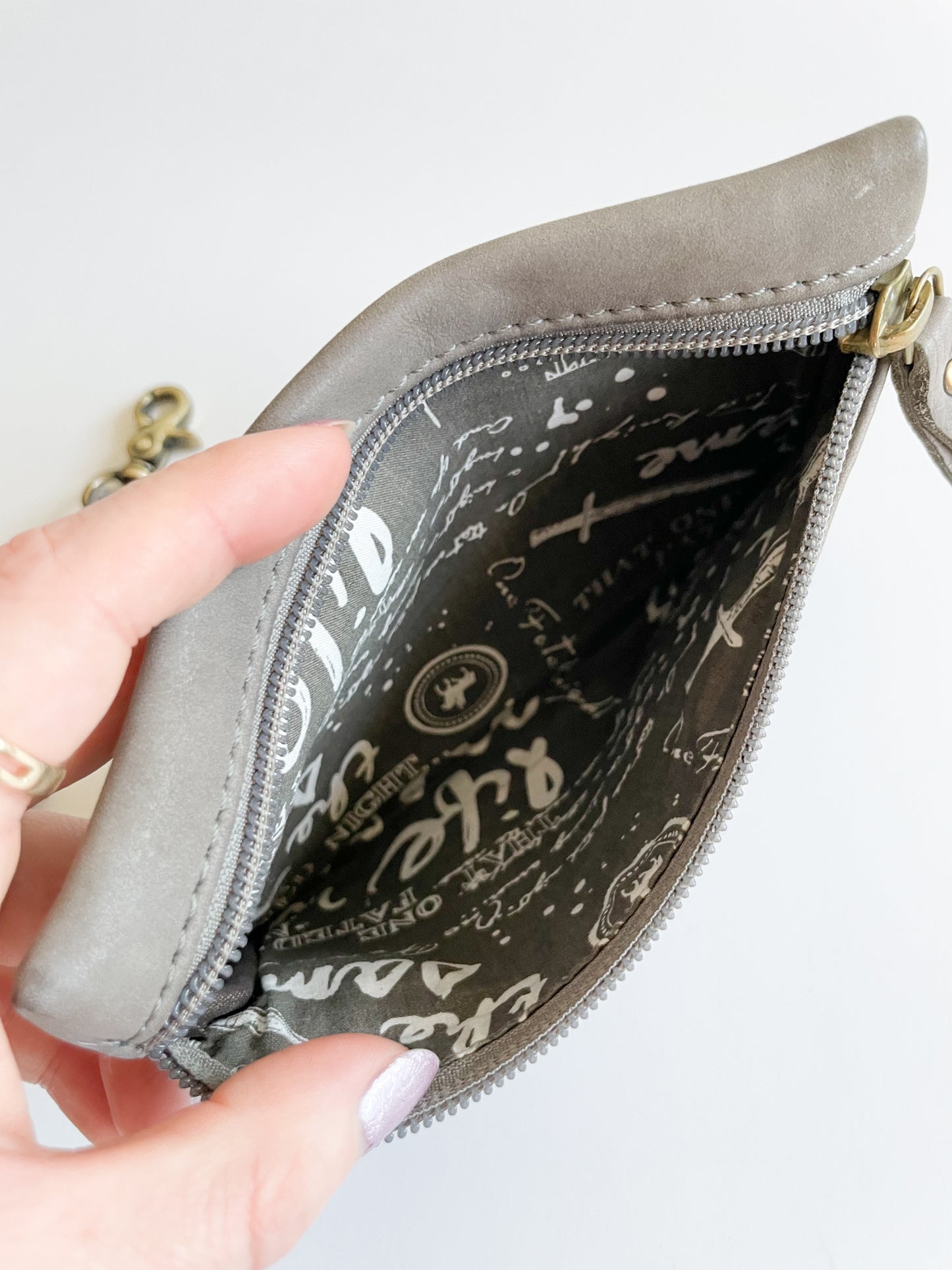 One Fated Knight Grey Leather Wristlet Pouch Clutch