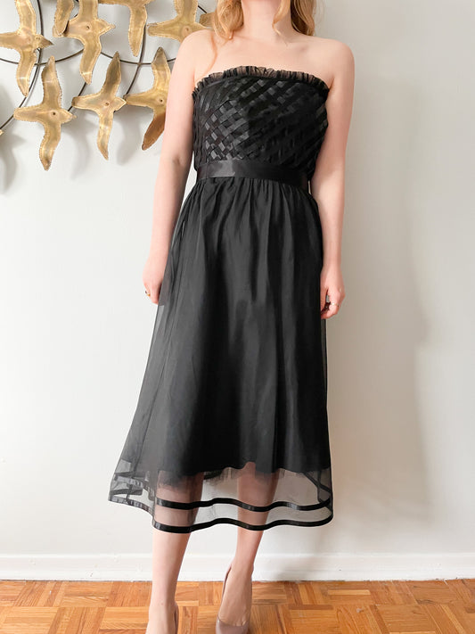 Laundry by Shelli Segal Black Silk Ruffle Ribbon Bodice Strapless Tea Length Dress - XS