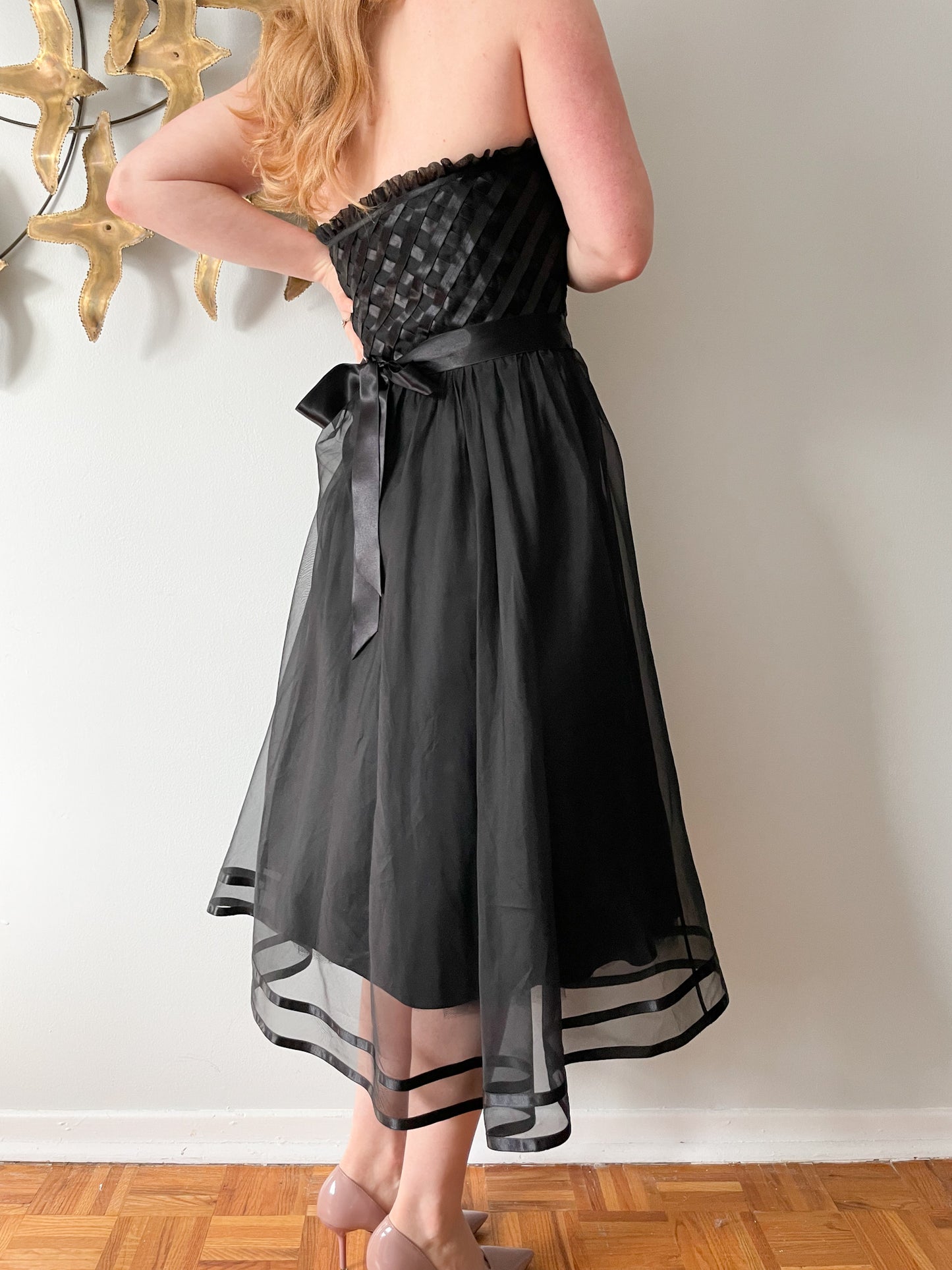 Laundry by Shelli Segal Black Silk Ruffle Ribbon Bodice Strapless Tea Length Dress - XS