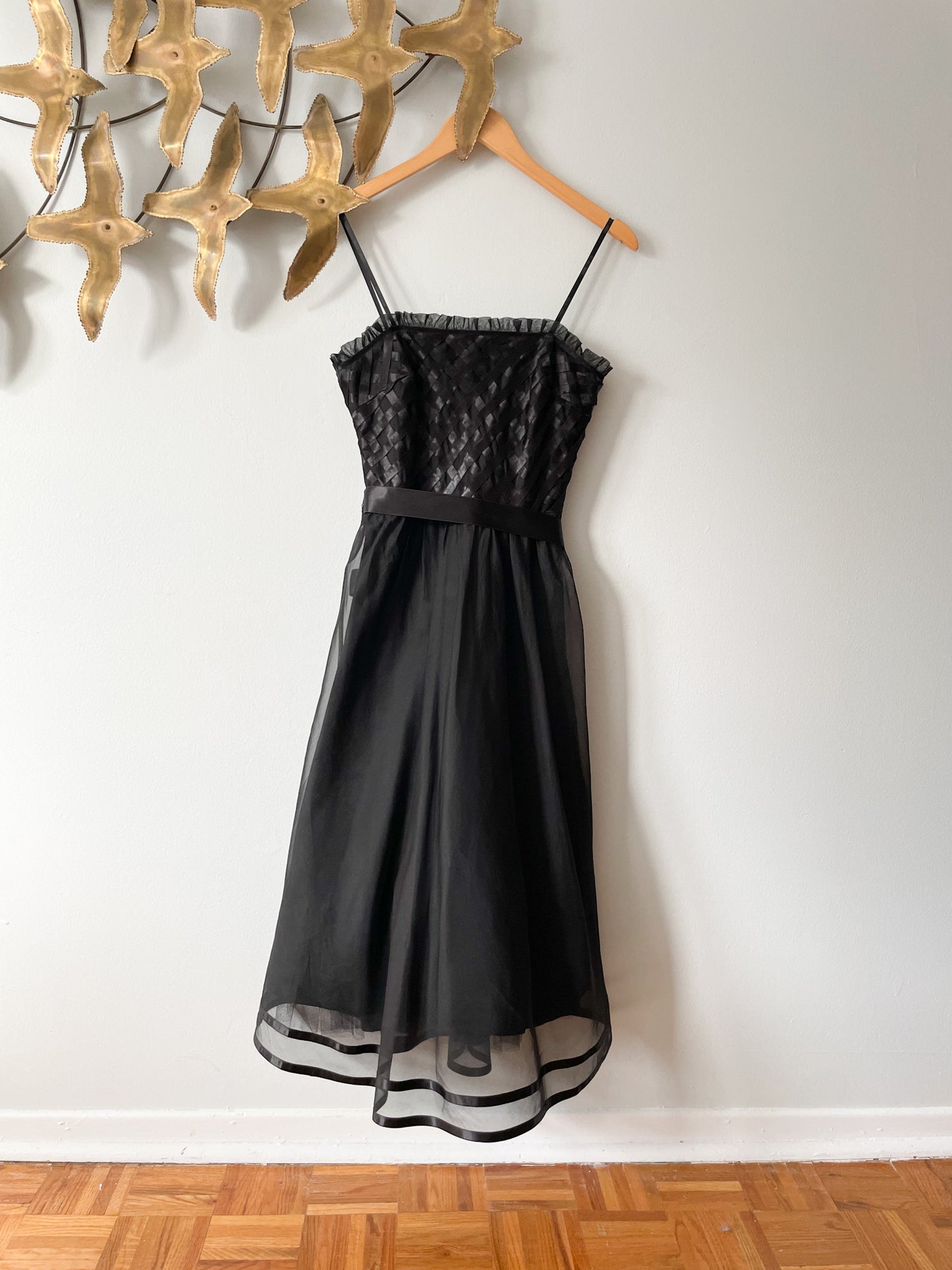 Laundry by Shelli Segal Black Silk Ruffle Ribbon Bodice Strapless Tea Length Dress - XS