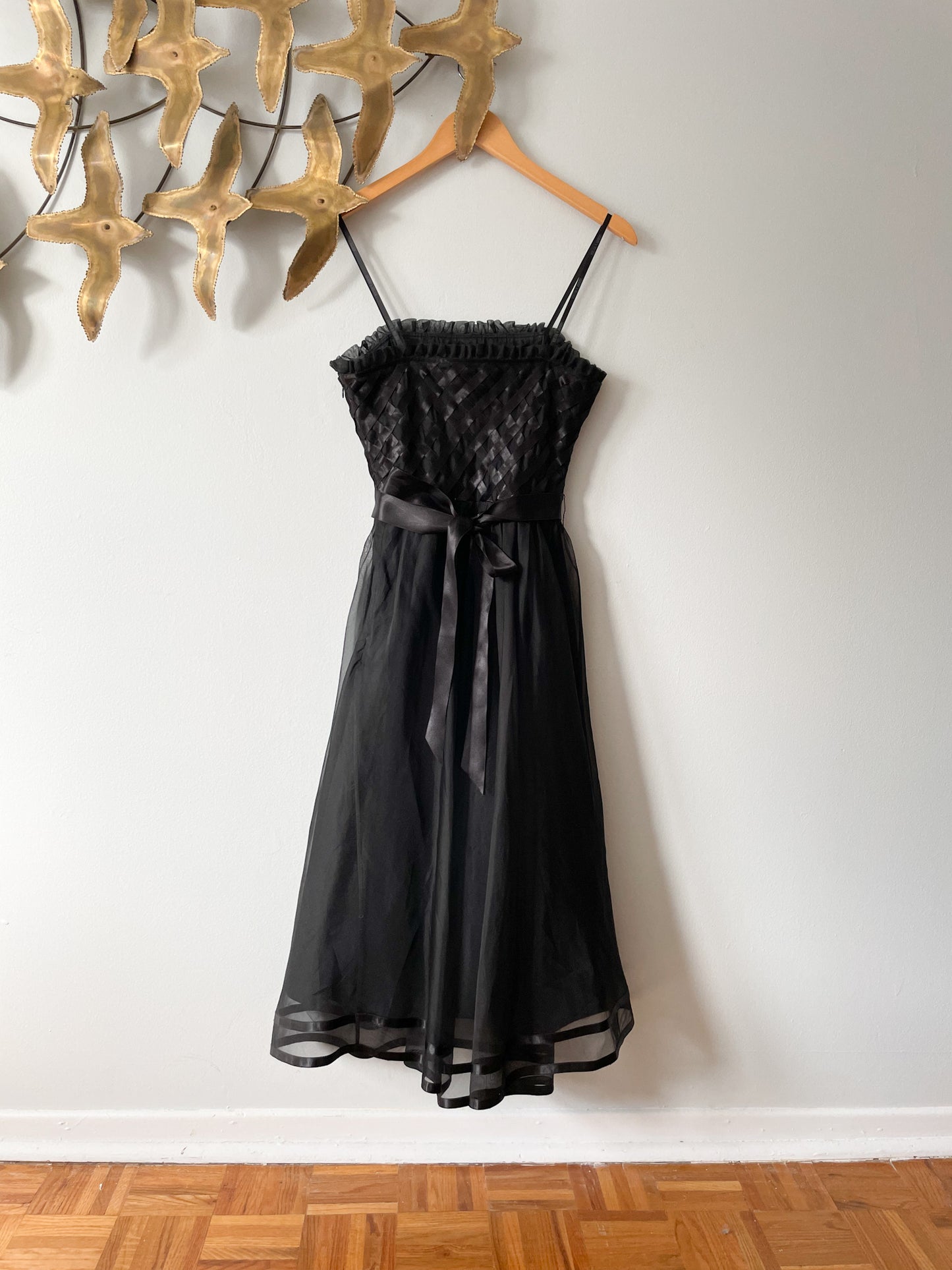 Laundry by Shelli Segal Black Silk Ruffle Ribbon Bodice Strapless Tea Length Dress - XS