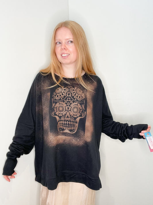 Upcycled Black Skull Painted Long Sleeved Top NWT - 2XL