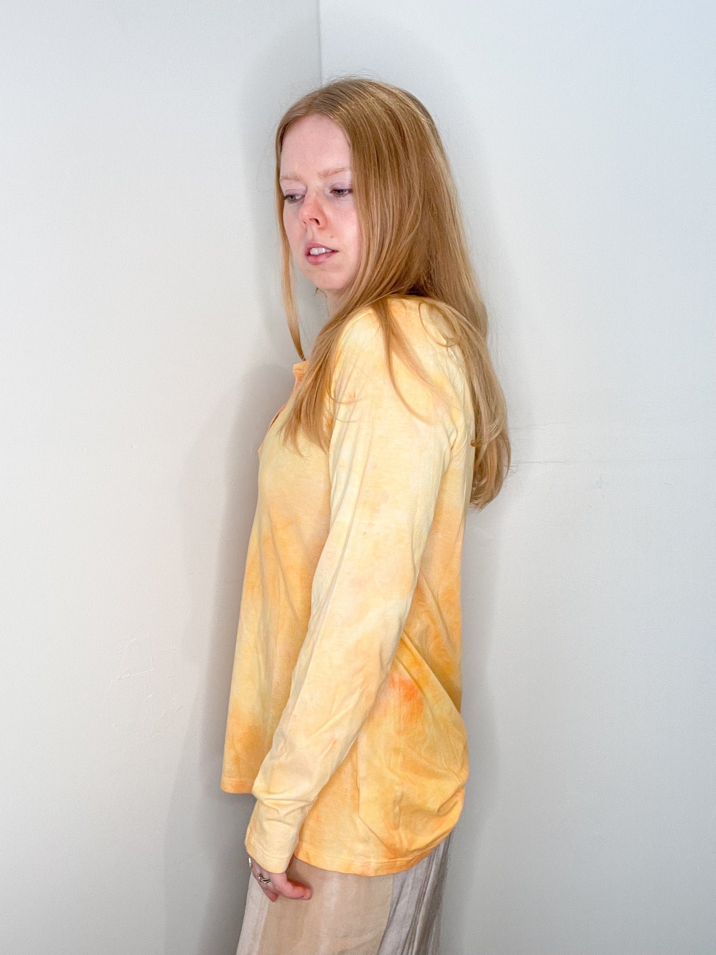 Upcycled Marigold Marble Watercolour Cotton Modal Long Sleeve Top - M/L