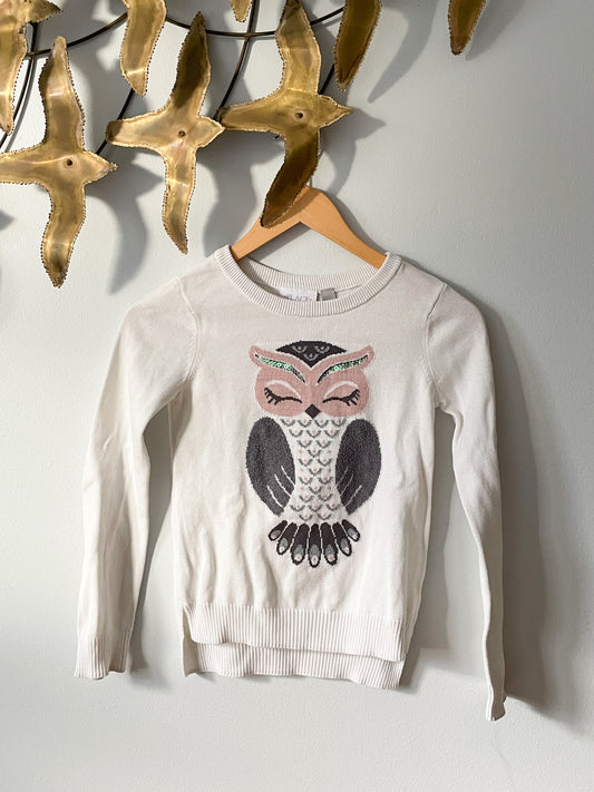 White & Silver Sequin Owl Long Sleeve Knit Sweater - Girls 7/8
