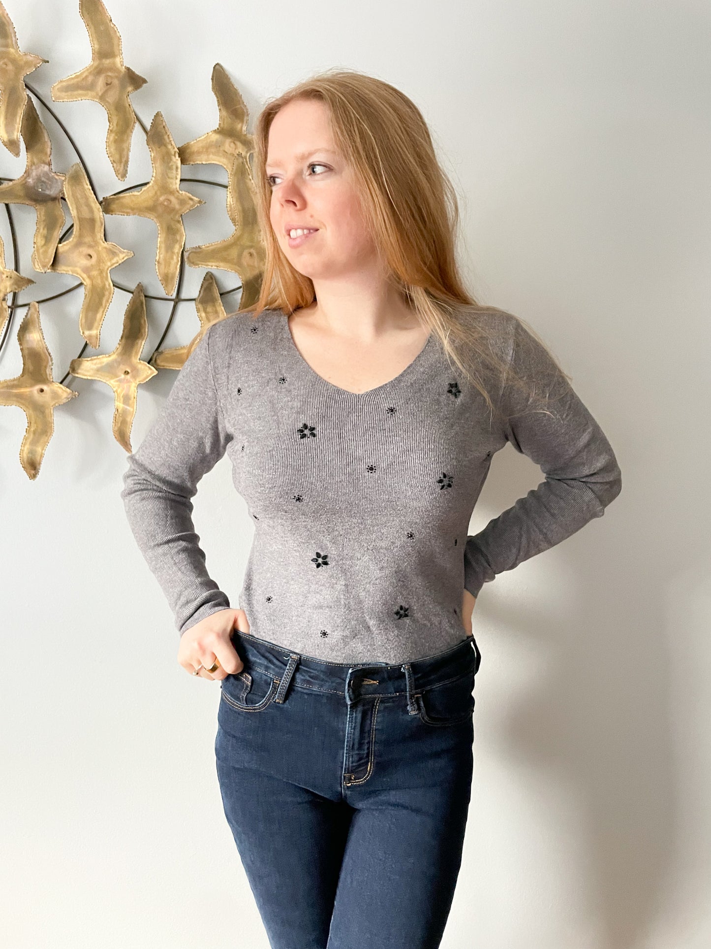 Molly Bracken Grey Ribbed Black Crystal Applique Knit V-Neck Sweater - S/M