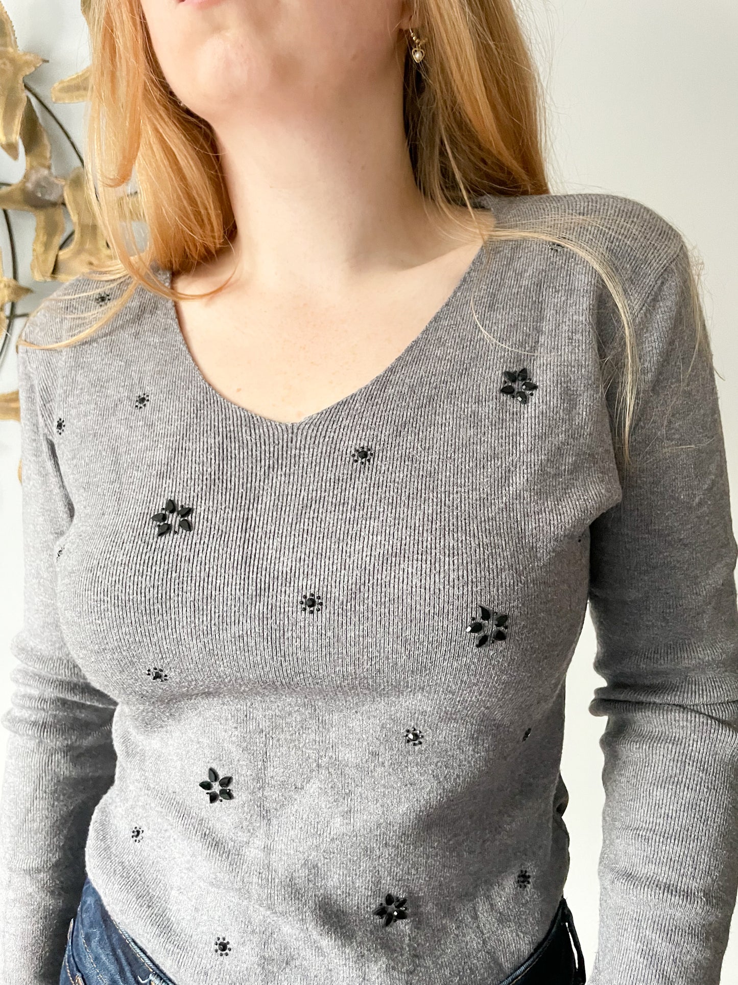 Molly Bracken Grey Ribbed Black Crystal Applique Knit V-Neck Sweater - S/M