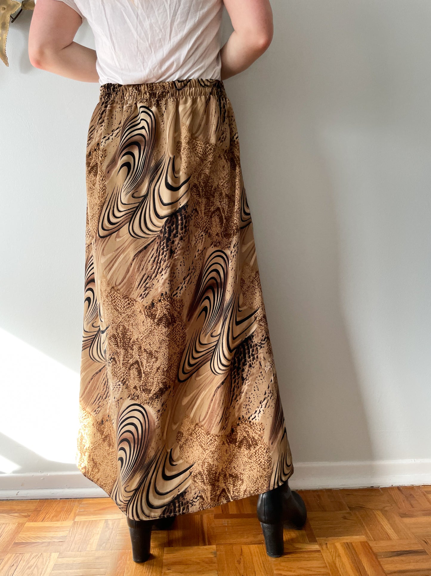 Vintage Taupe and Black Graphic Button Front Maxi Skirt - M/L