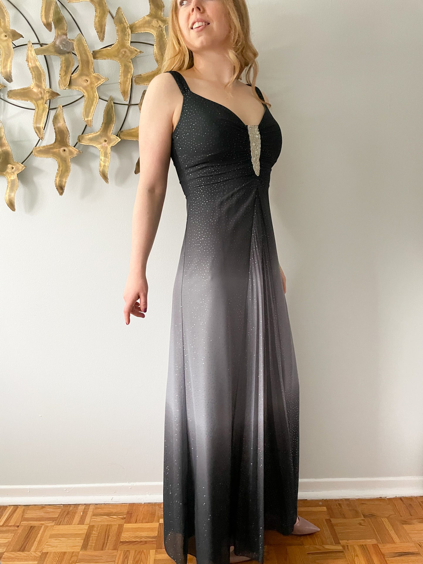 Laura Black Grey Sparkle Ombre Maxi Sheath Dress - Small