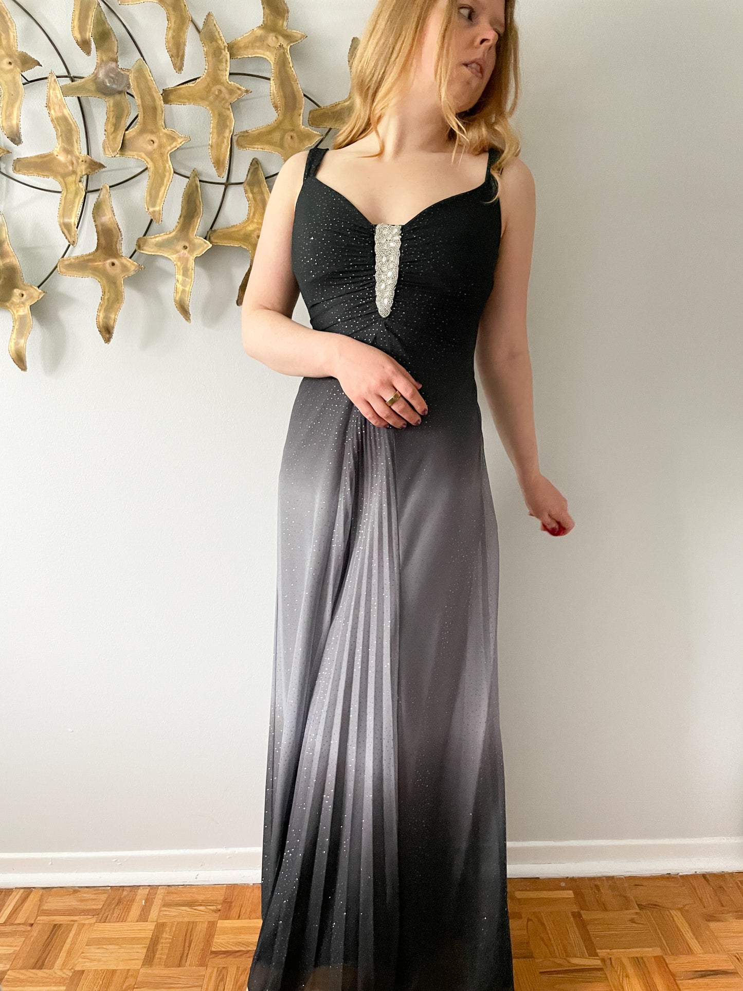 Laura Black Grey Sparkle Ombre Maxi Sheath Dress - Small