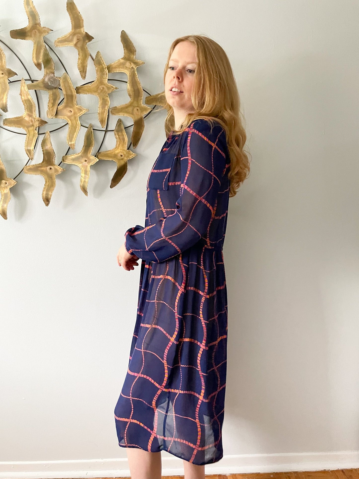 Benee by Lori Ann Navy Pink Orange Square Print Sheer Dress - Medium