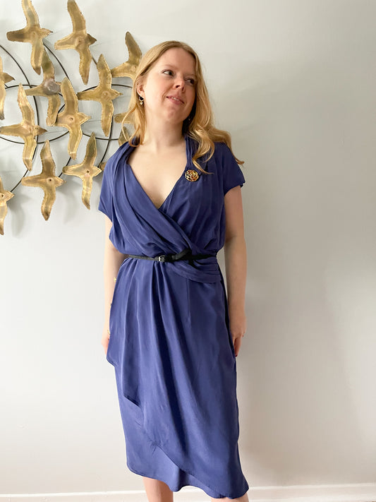 Chére Marie Dusty Periwinkle Wrap Style Silk Midi Dress NWT - Medium