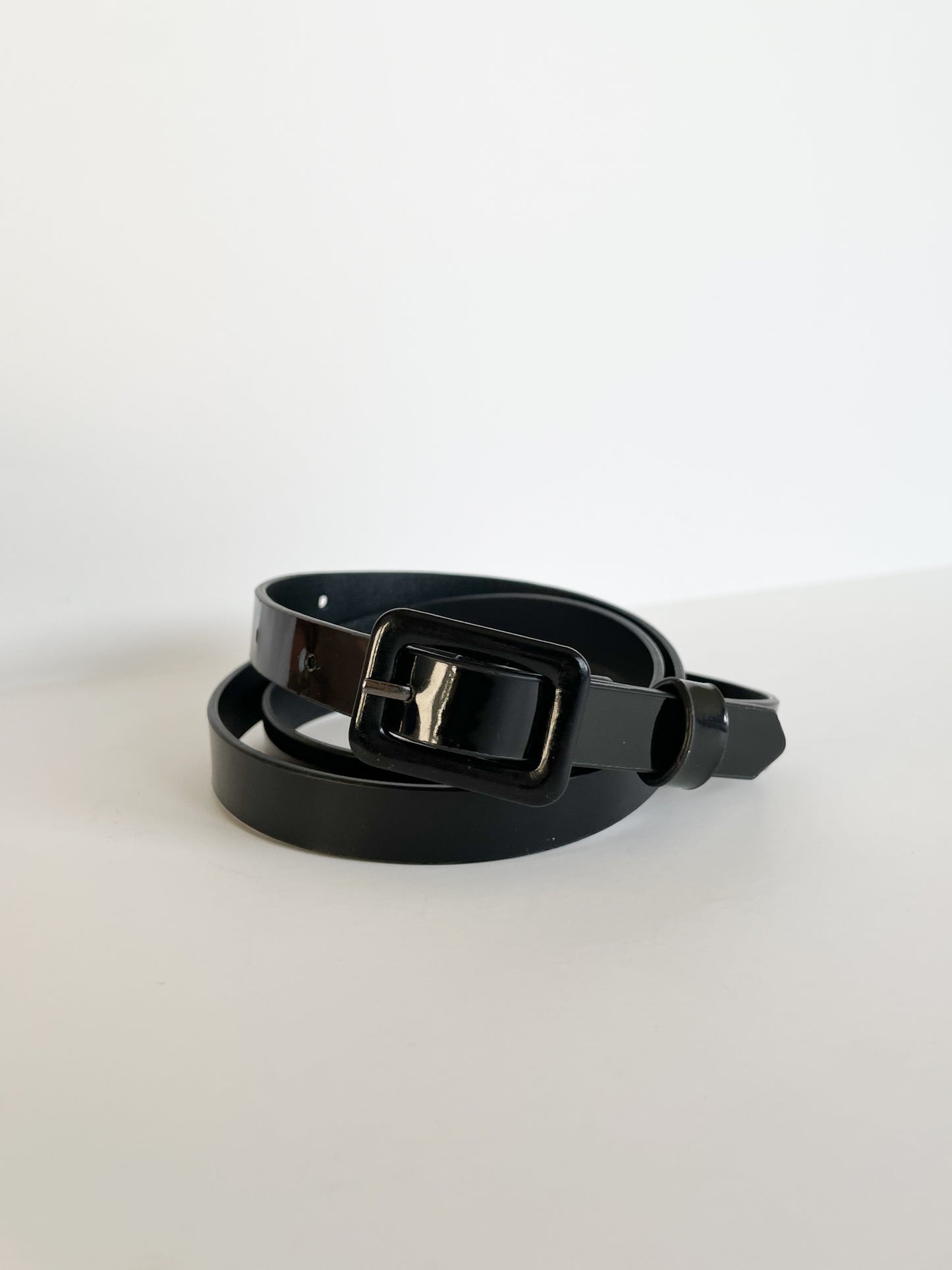 Black Faux Patent Leather Skinny Belt - S/M (30-34")