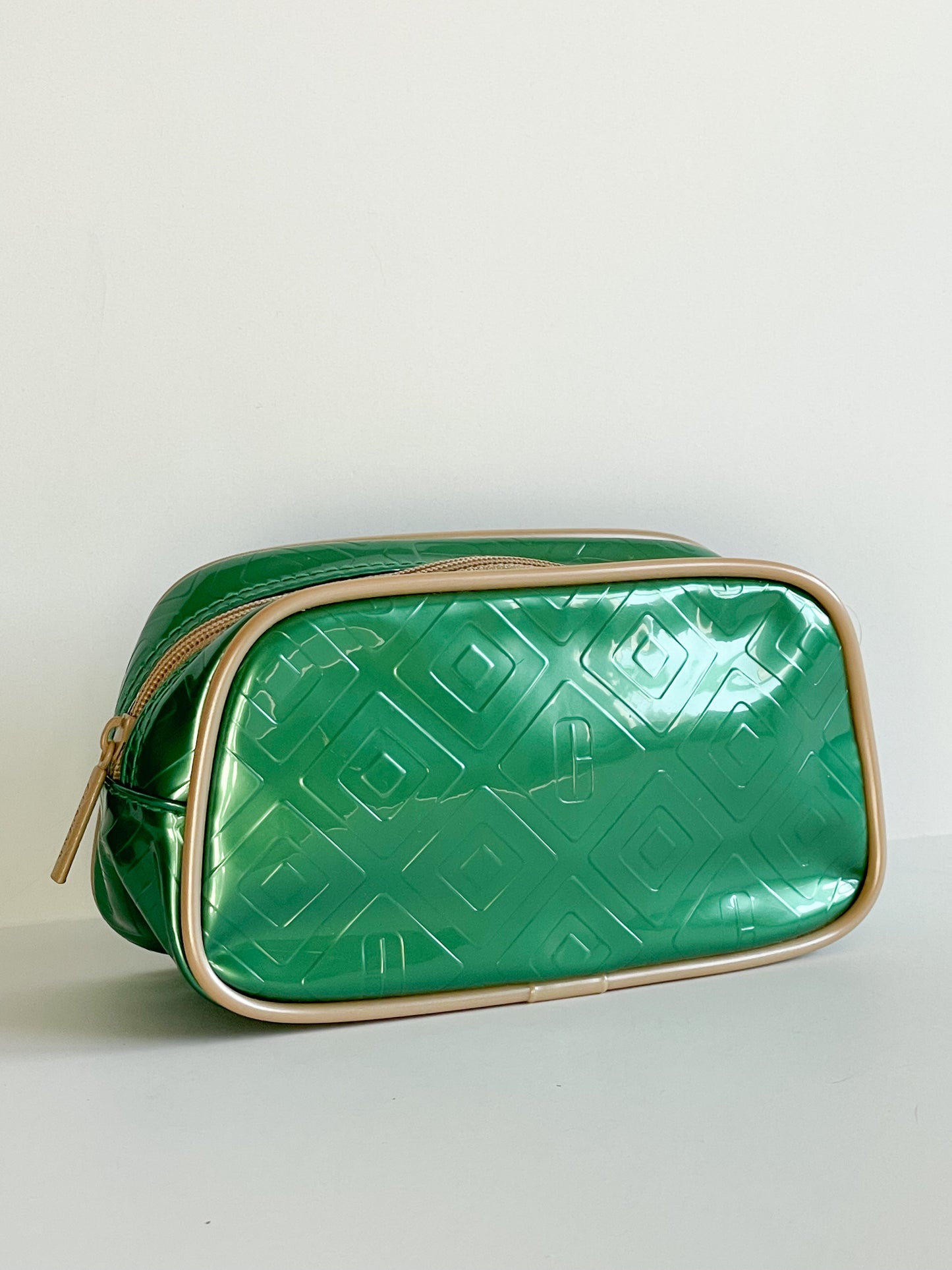 Clinique Metallic Green Lacquer Taupe Piping Toiletry Makeup Bag Clutch