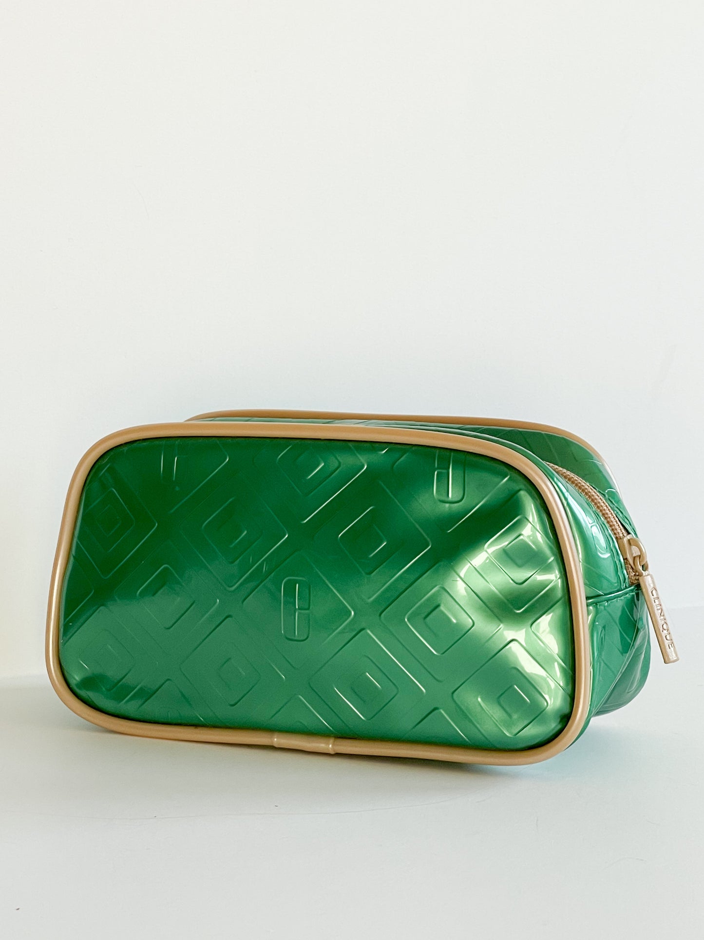 Clinique Metallic Green Lacquer Taupe Piping Toiletry Makeup Bag Clutch