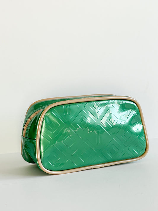 Clinique Metallic Green Lacquer Taupe Piping Toiletry Makeup Bag Clutch