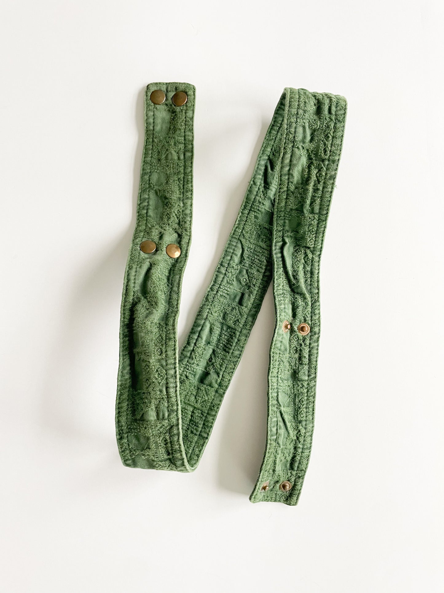 Green Embroidered Belt with Brass Snaps - Medium (33-38")