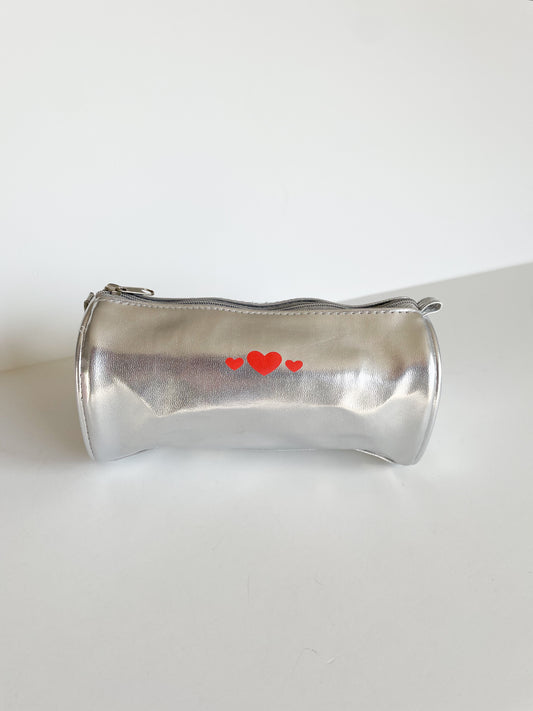 Silver Metallic Heart Toiletry Makeup Bag Clutch with Mirror