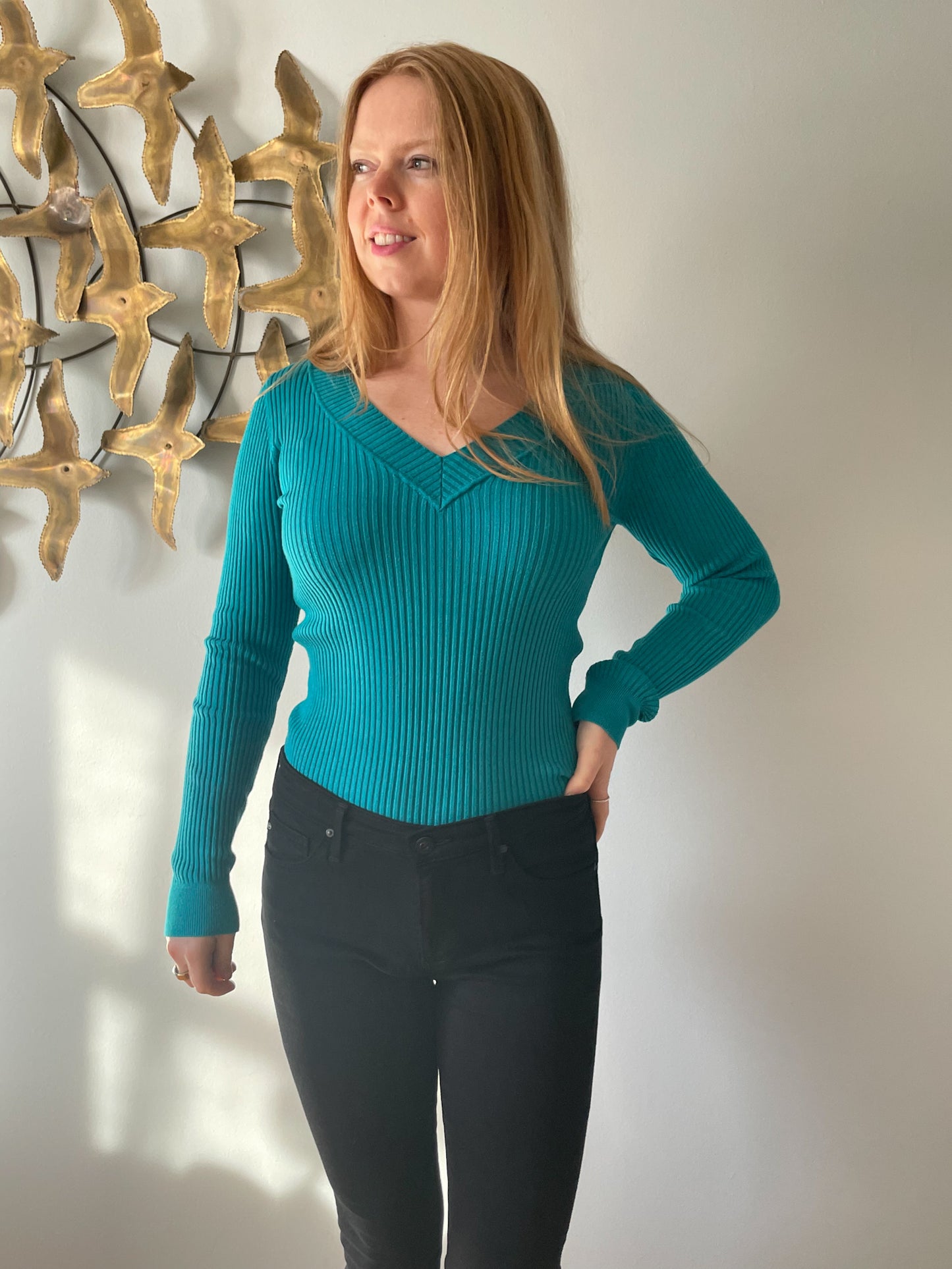 Teal V-Neck Knit Ribbed Pullover Sweater - S/M
