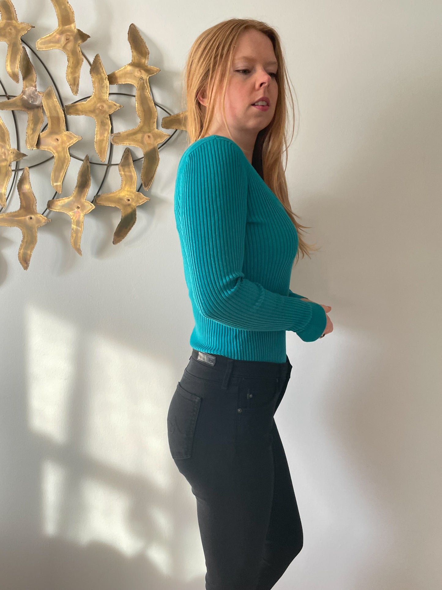 Teal V-Neck Knit Ribbed Pullover Sweater - S/M