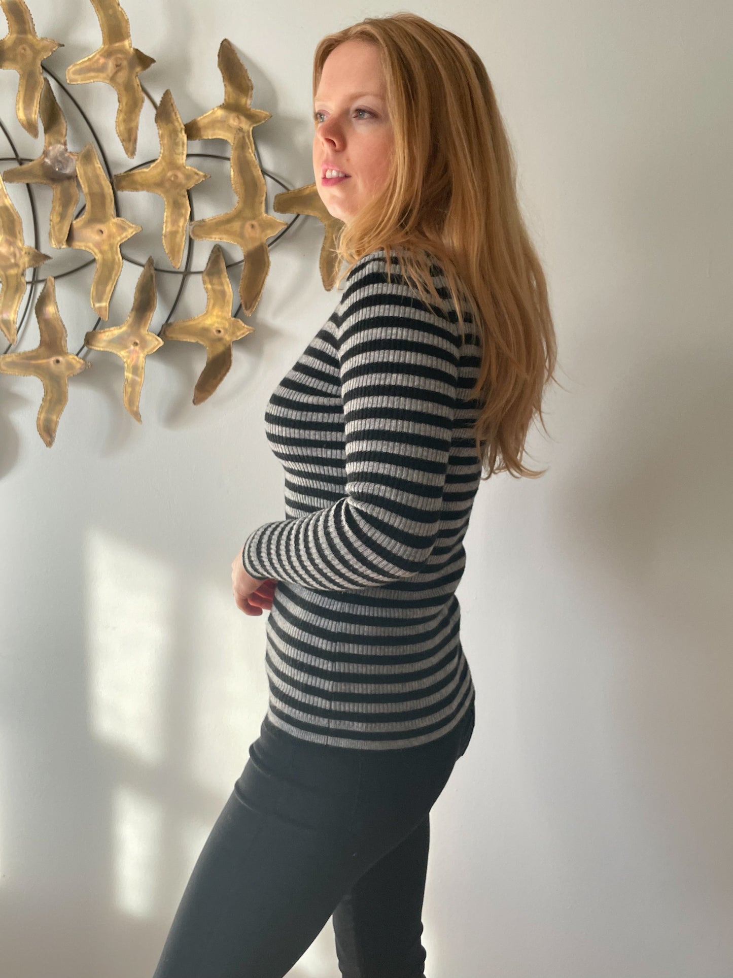Black Grey Ribbed Knit Stretch Turtleneck Sweater - S/M/L