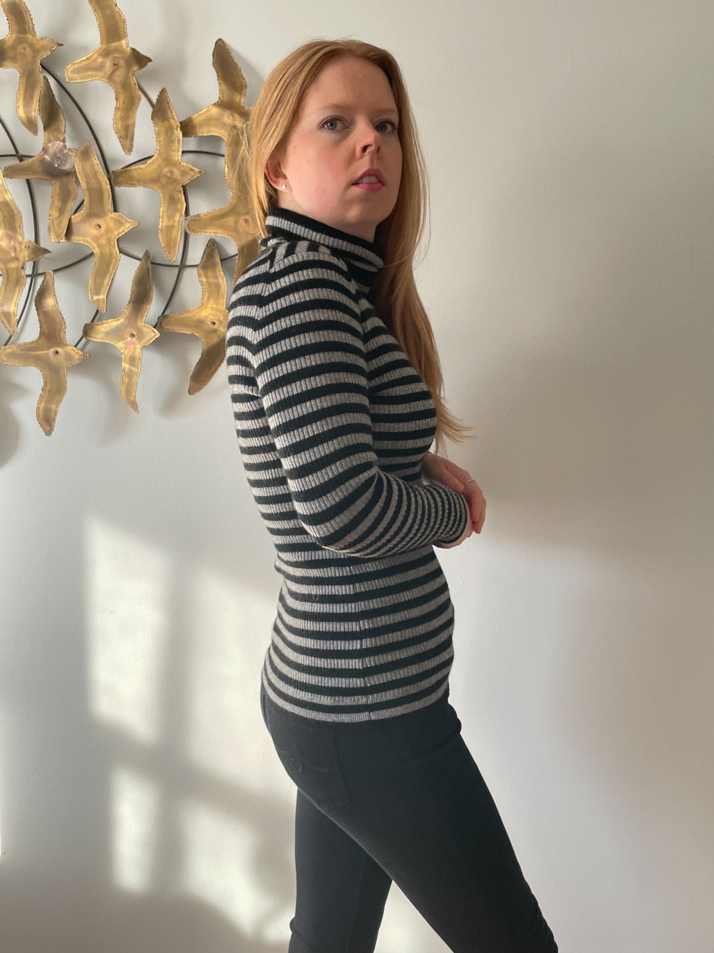 Black Grey Ribbed Knit Stretch Turtleneck Sweater - S/M/L