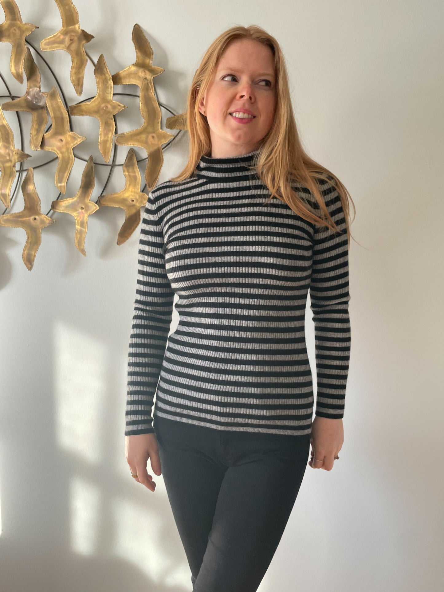 Black Grey Ribbed Knit Stretch Turtleneck Sweater - S/M/L