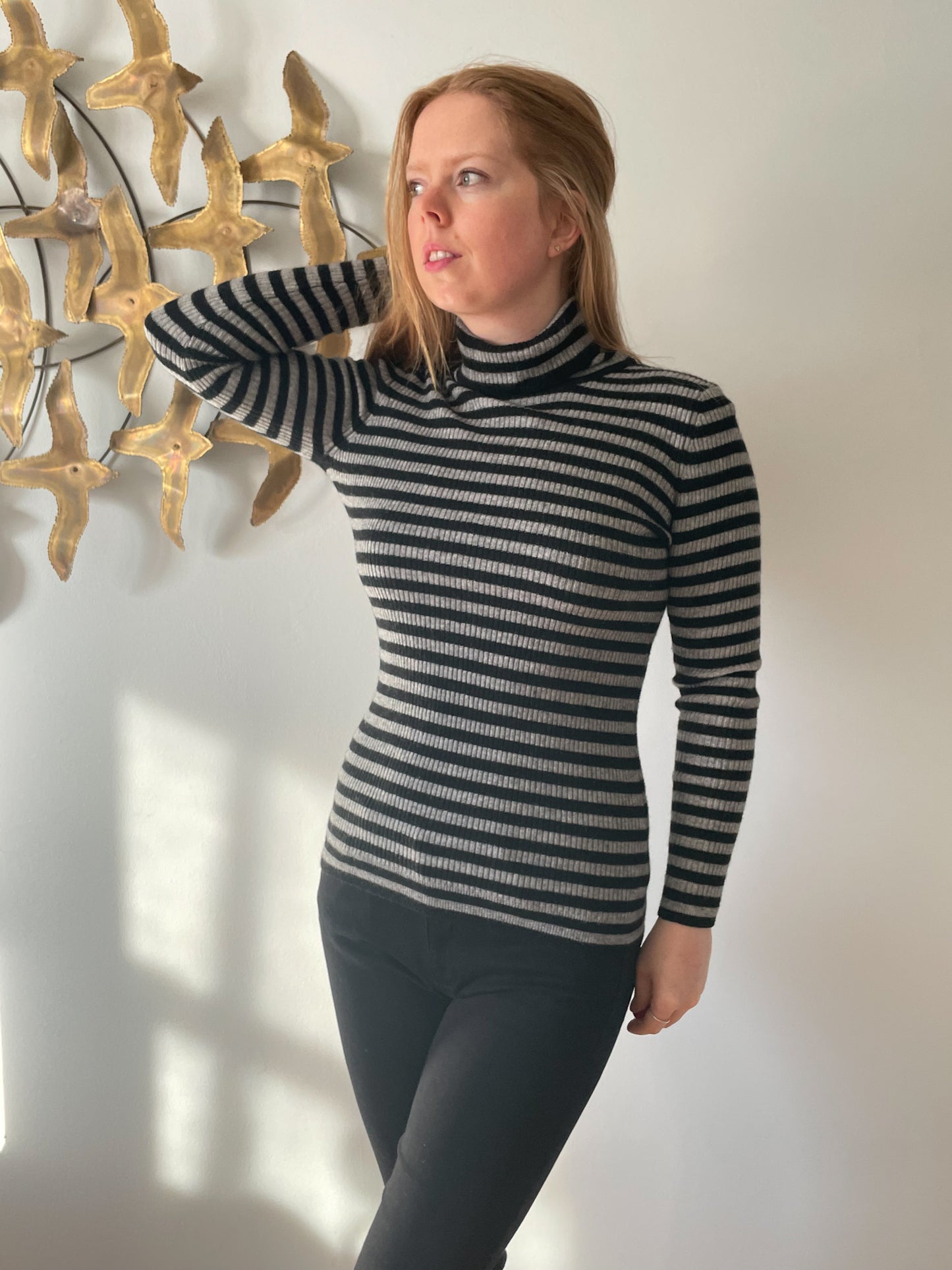 Black Grey Ribbed Knit Stretch Turtleneck Sweater - S/M/L
