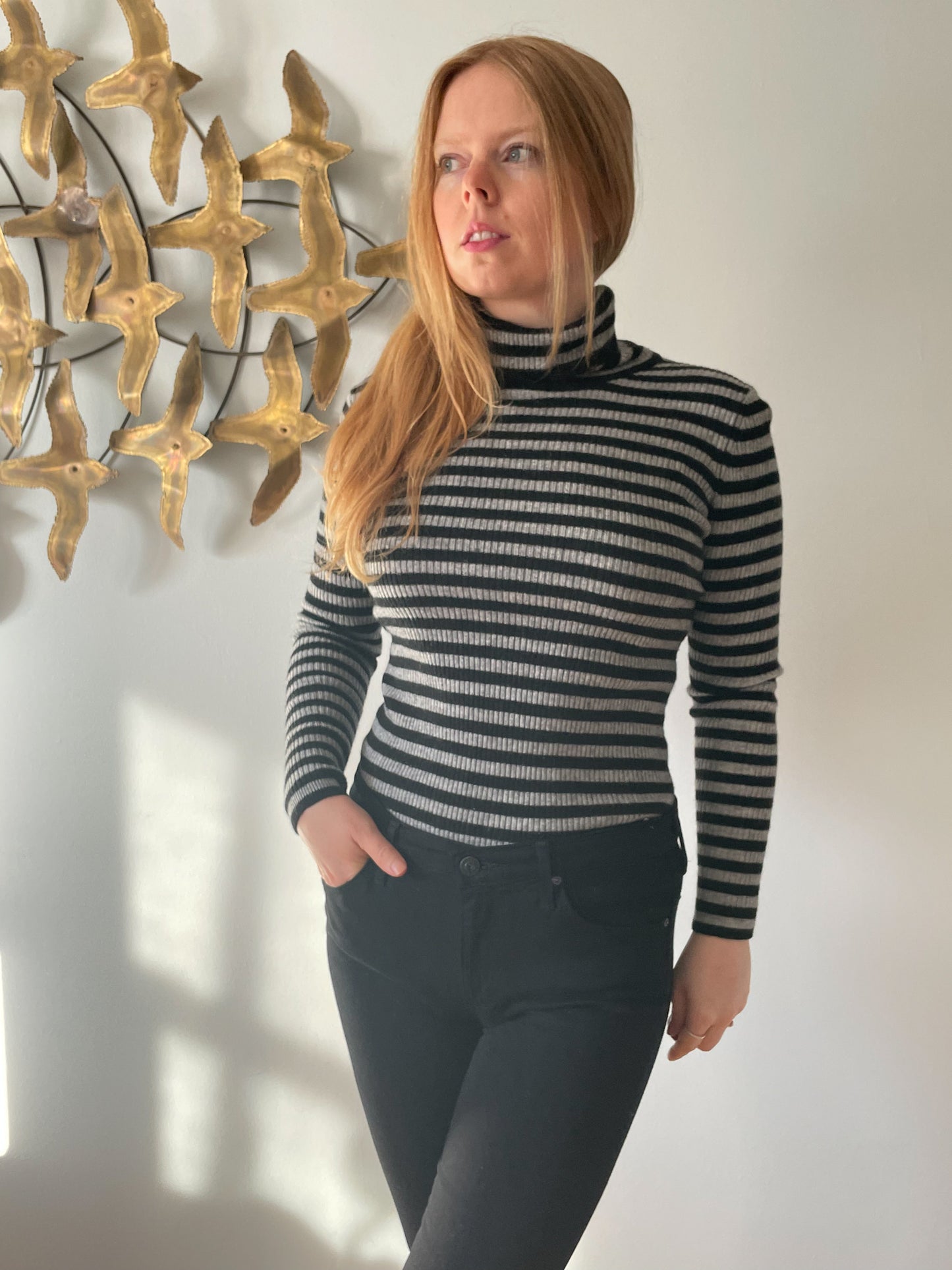 Black Grey Ribbed Knit Stretch Turtleneck Sweater - S/M/L