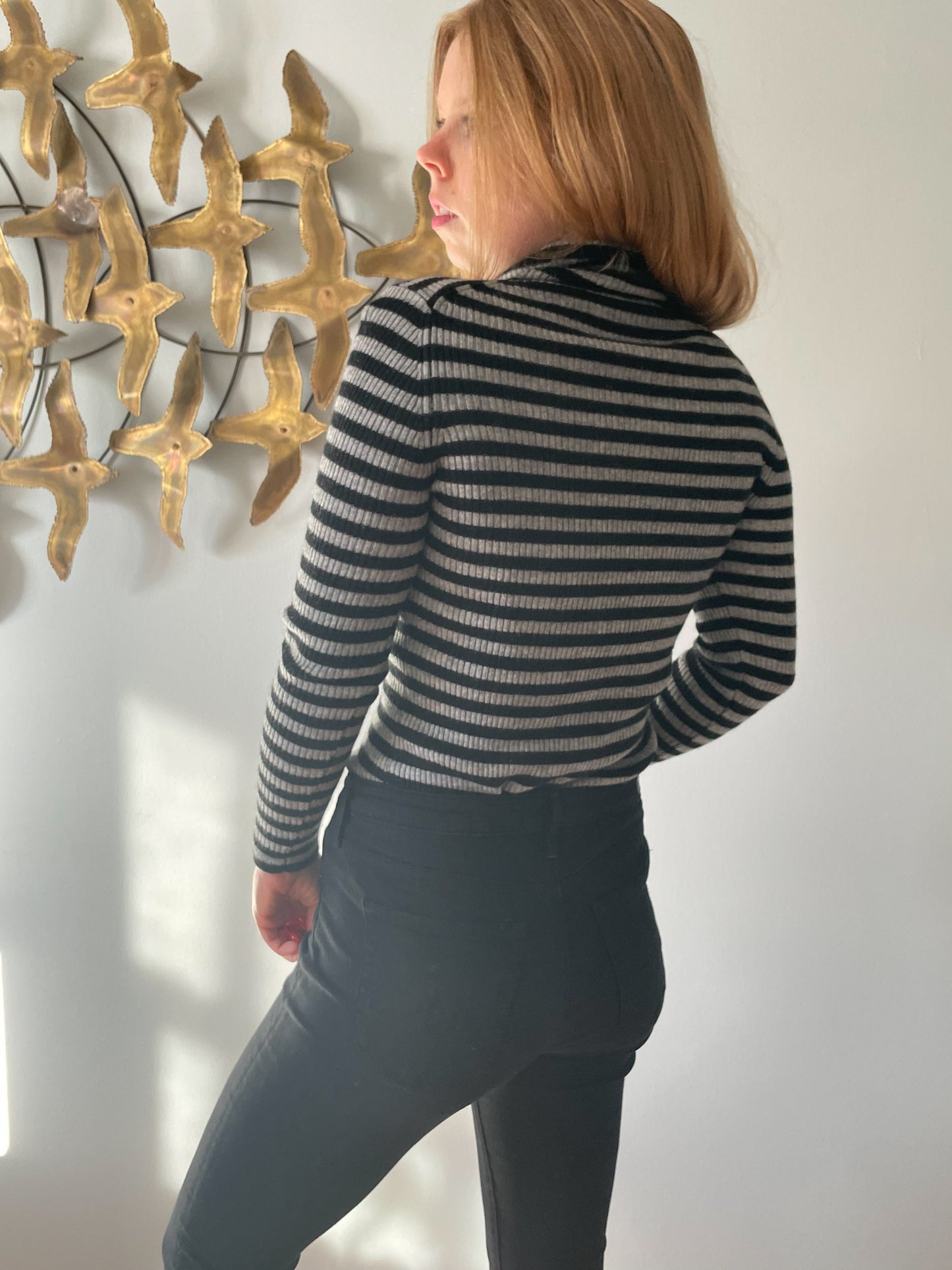Black Grey Ribbed Knit Stretch Turtleneck Sweater - S/M/L
